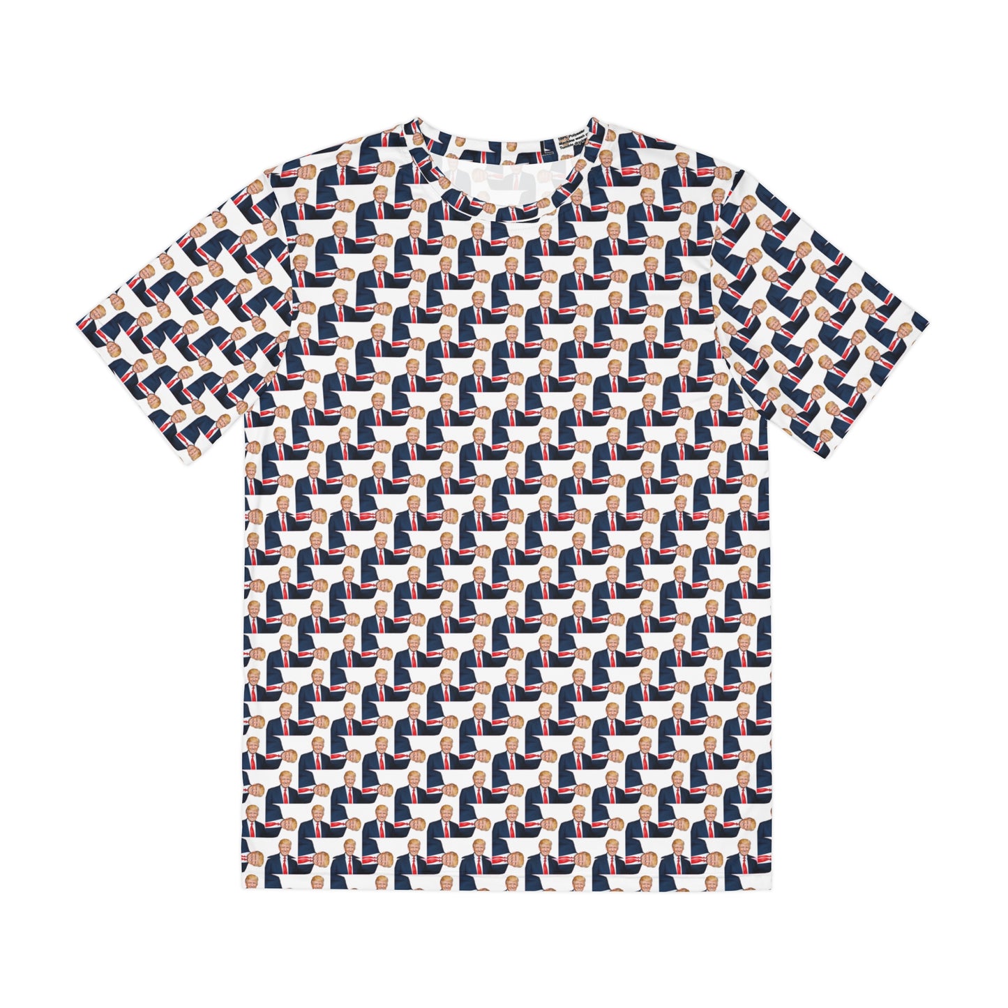 Flat lay front view of The Donald men’s T-shirt with repeating political pattern