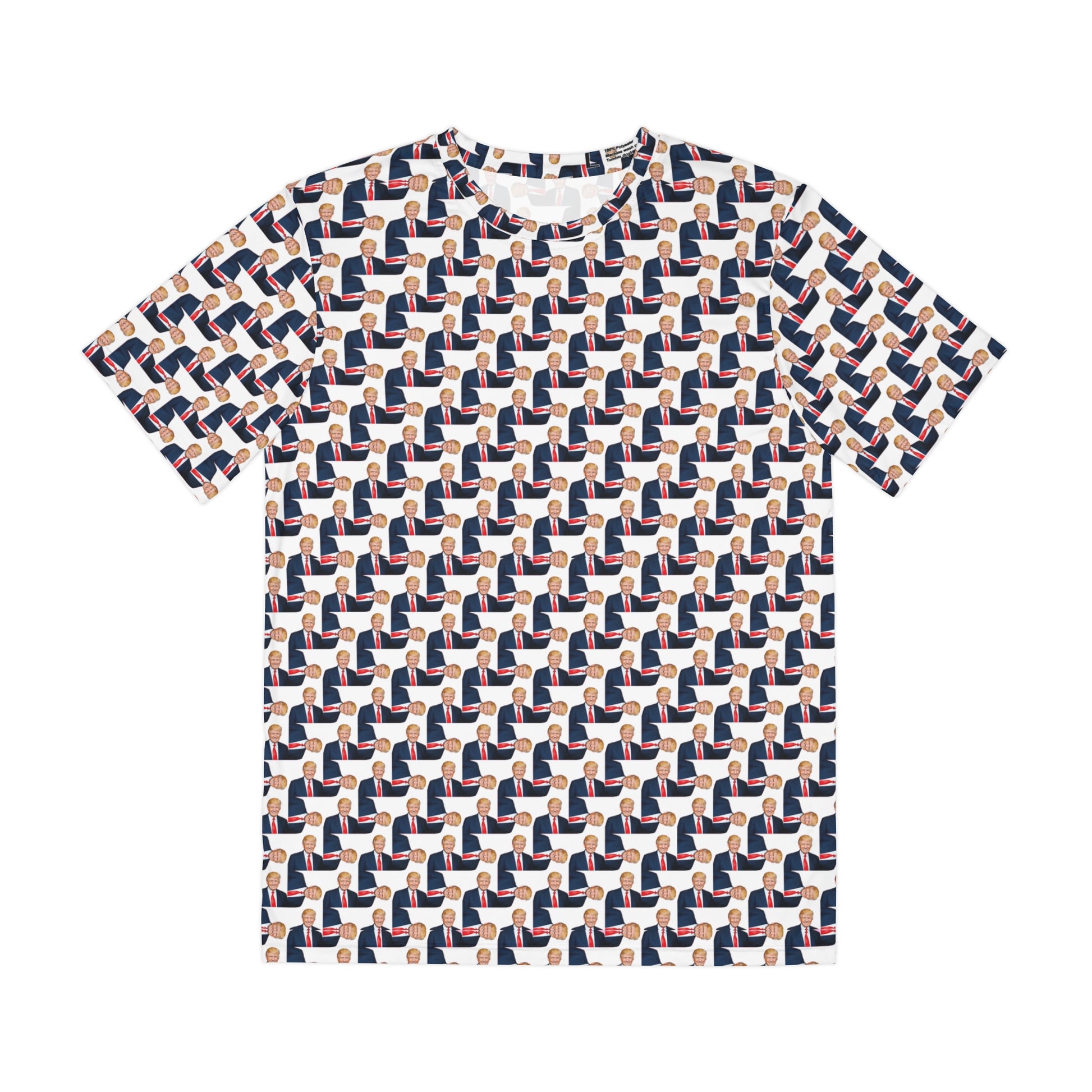 Flat lay front view of The Donald men’s T-shirt with repeating political pattern