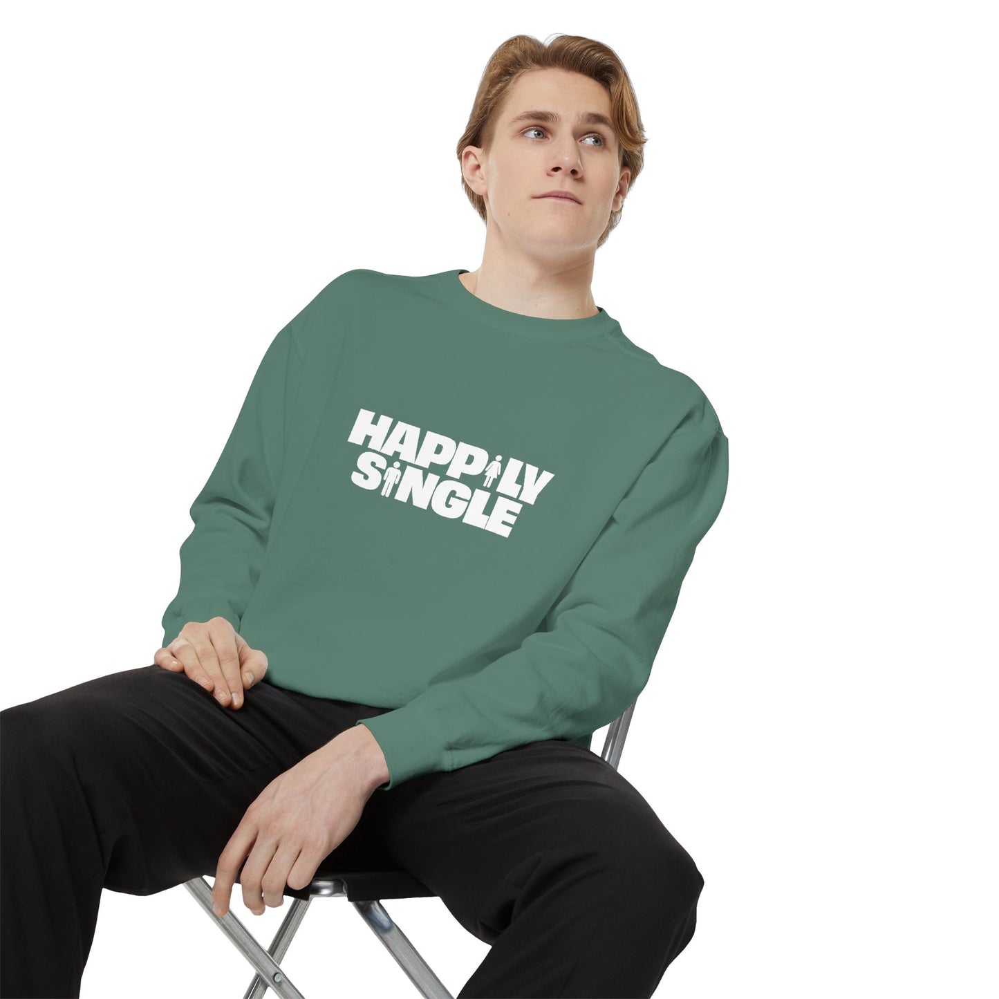 Man sitting wearing light green Happily Single sweatshirt