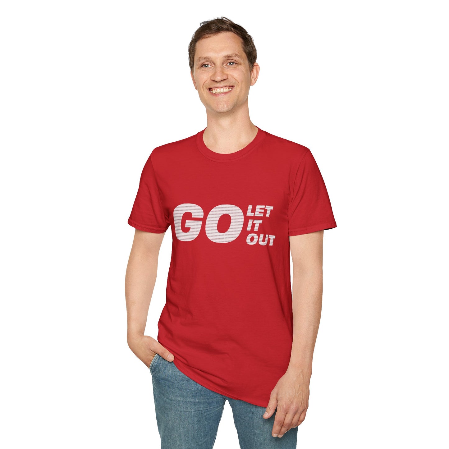Person wearing a red t-shirt with 'GO LET IT OUT' text on a white background