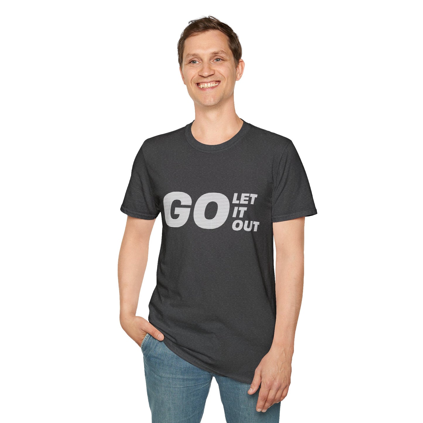 Man wearing navy blue Oasis Go Let It Out T-shirt, sitting on stool