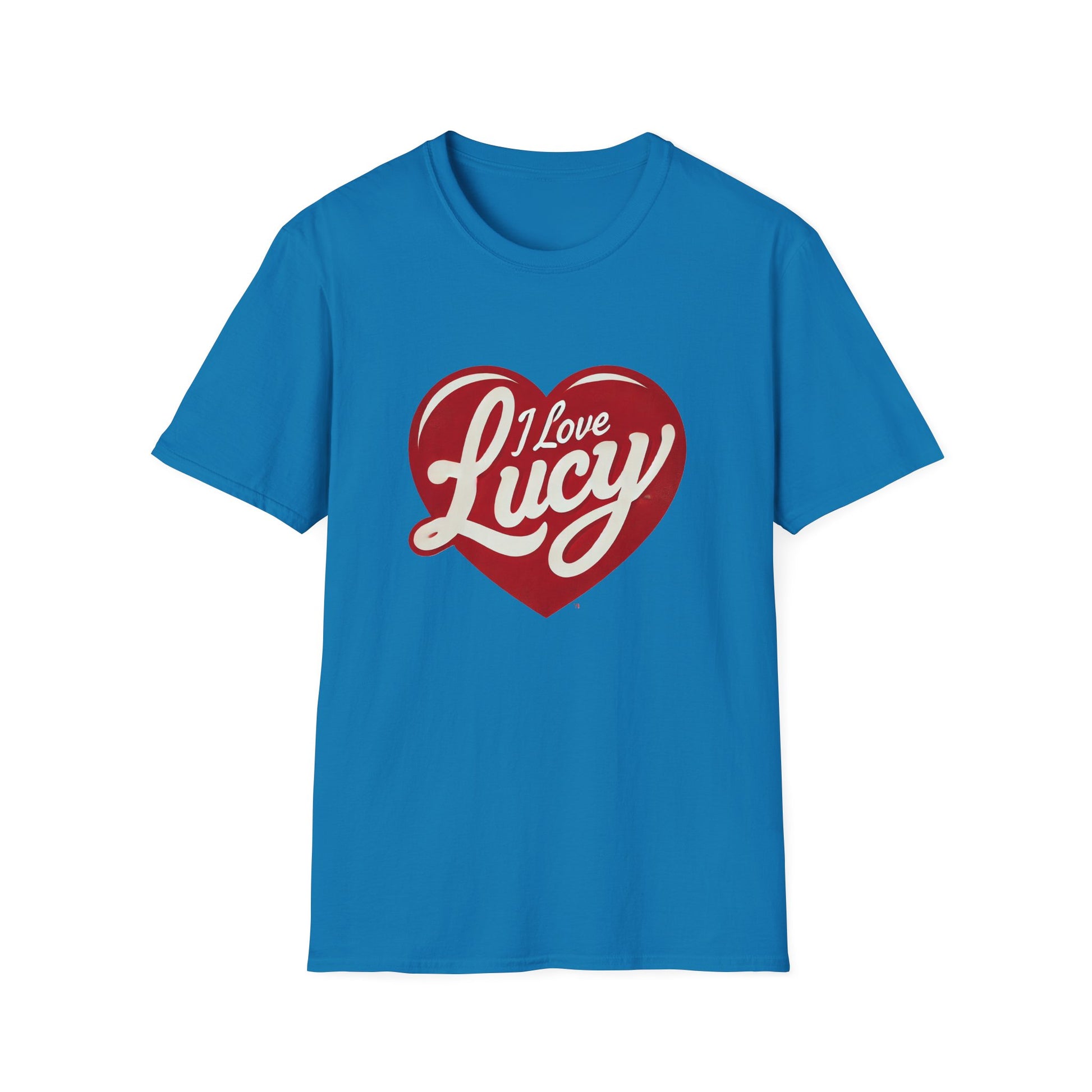 A person wearing a red crew neck t-shirt with a heart logo that has the text 'I Love Lucy' on it.