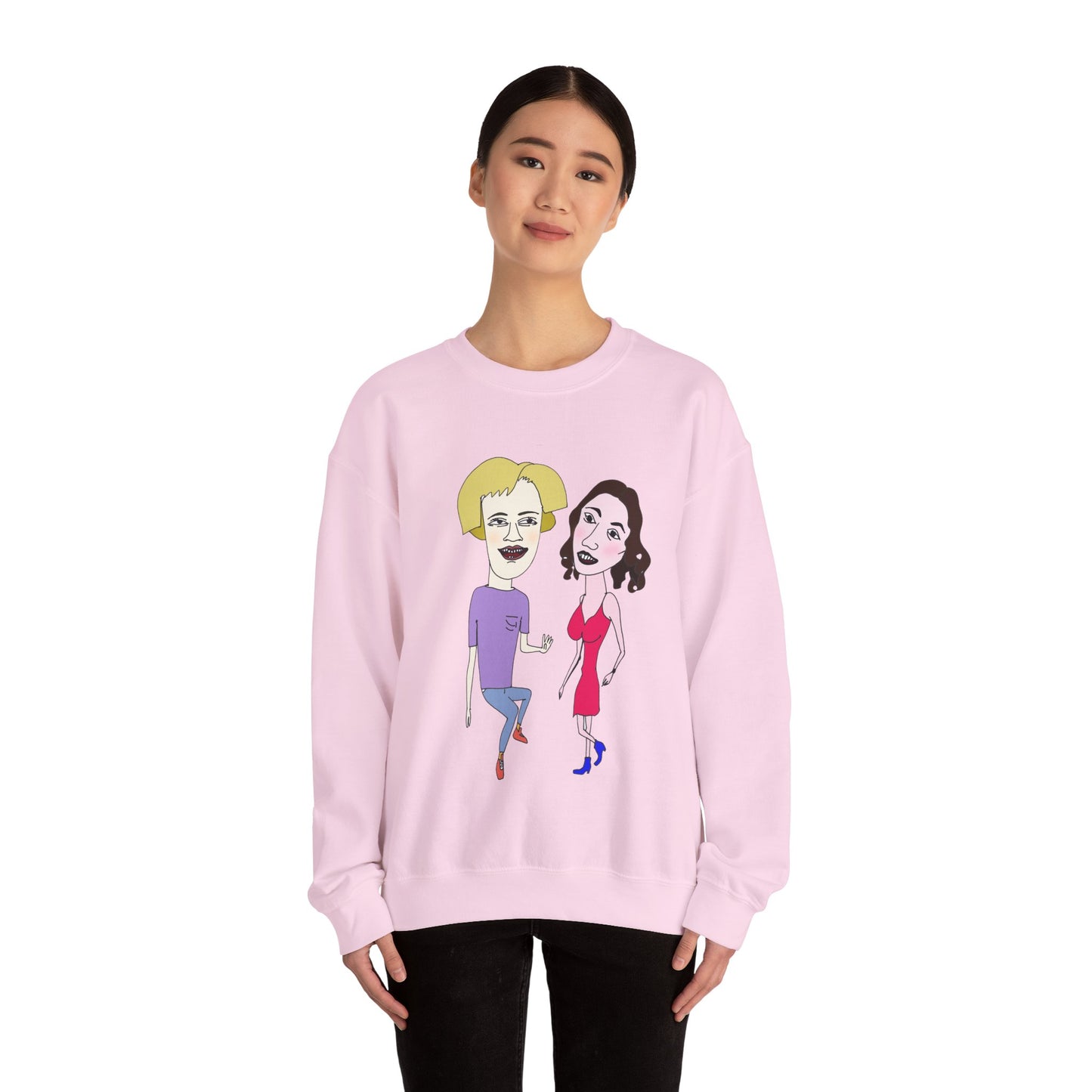 Model in pink Lily and Matthew hand-drawn sweatshirt.