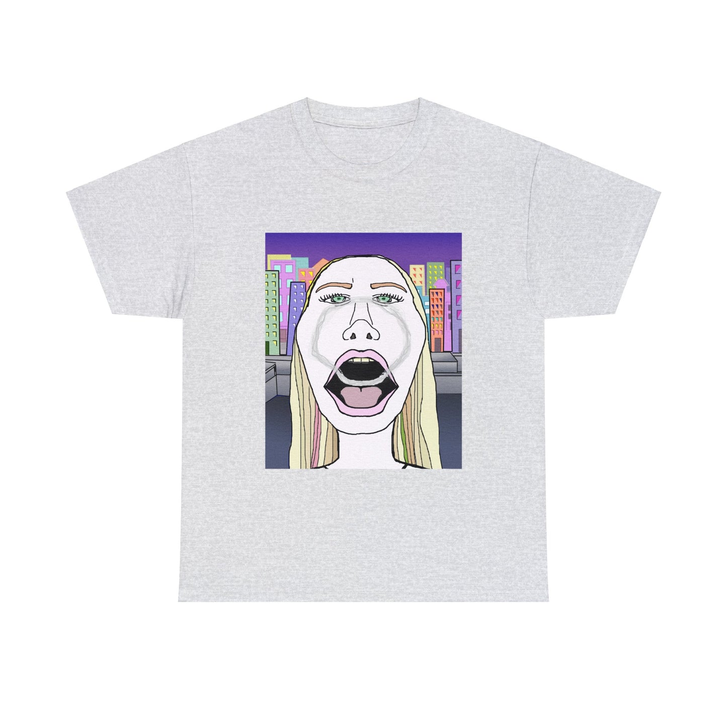 Light gray graphic T shirt with pop art face illustration alternate view