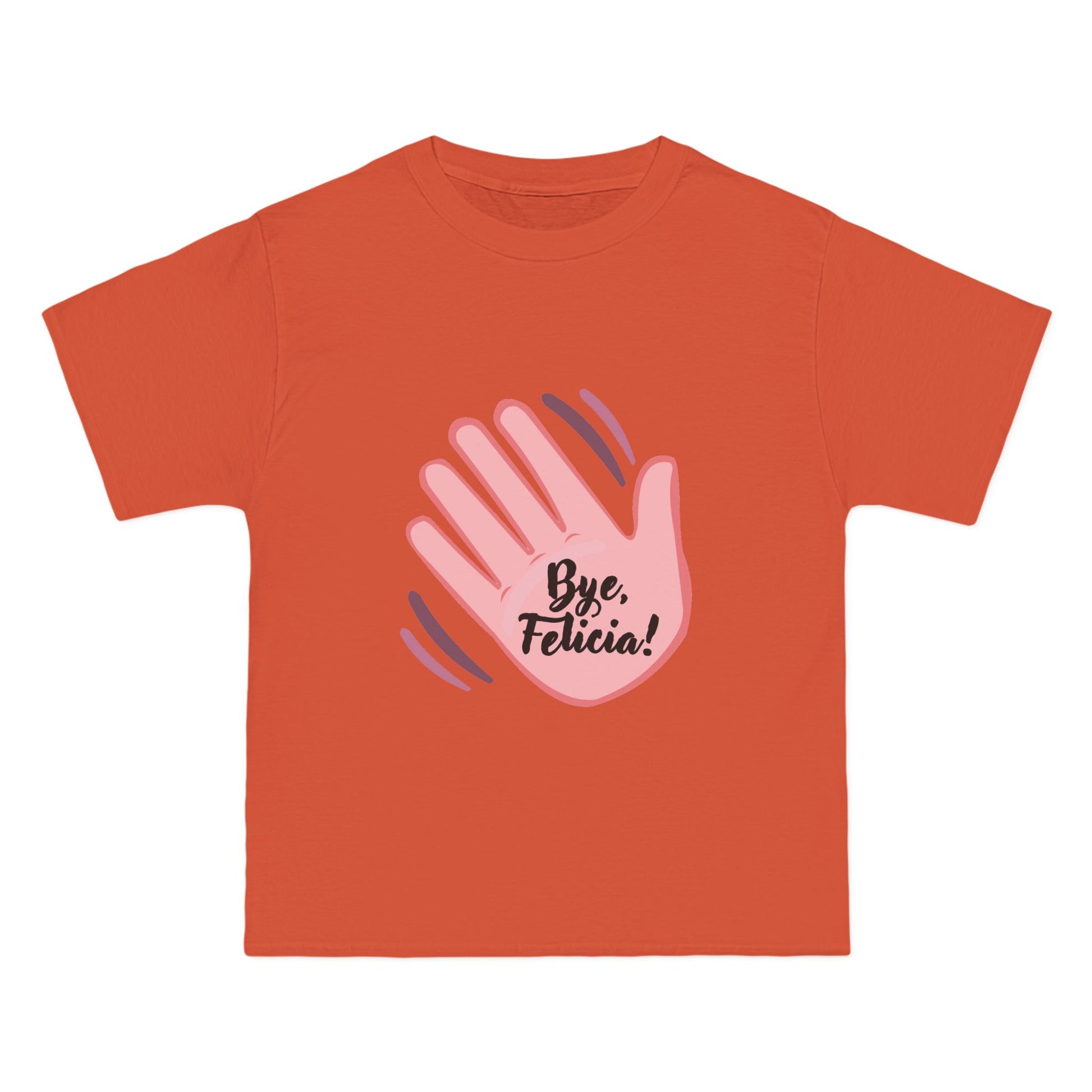 Flat lay orange Bye Felicia T-Shirt with pink hand graphic