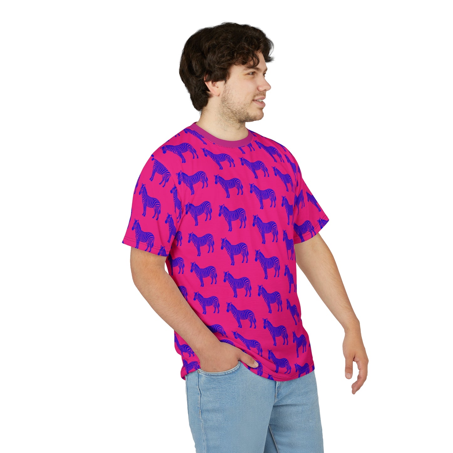 Man wearing Blue Zebra Unisex T-Shirt with zebra print, casual side angle.