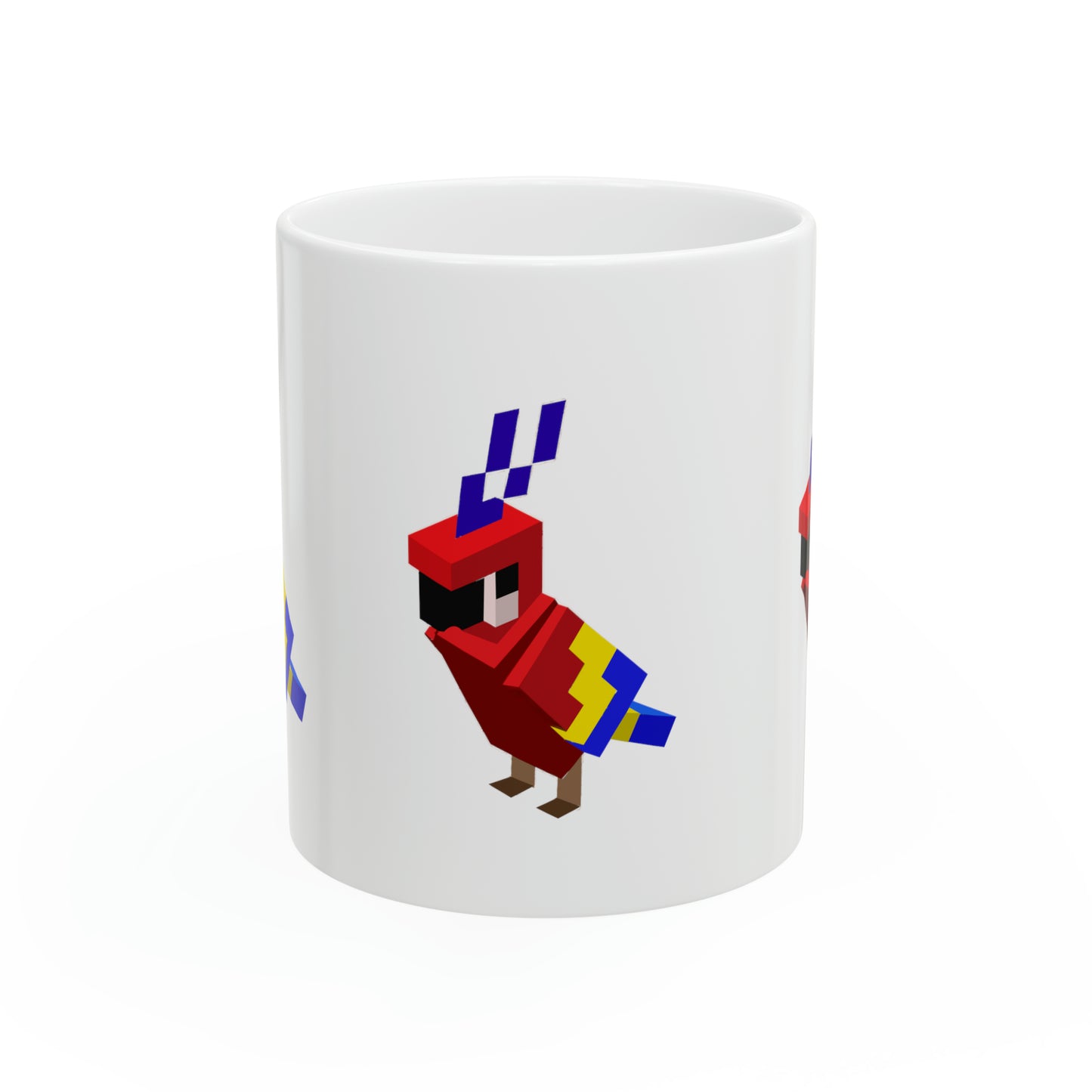 Side view of white ceramic gaming mug with retro pixel parrot graphic