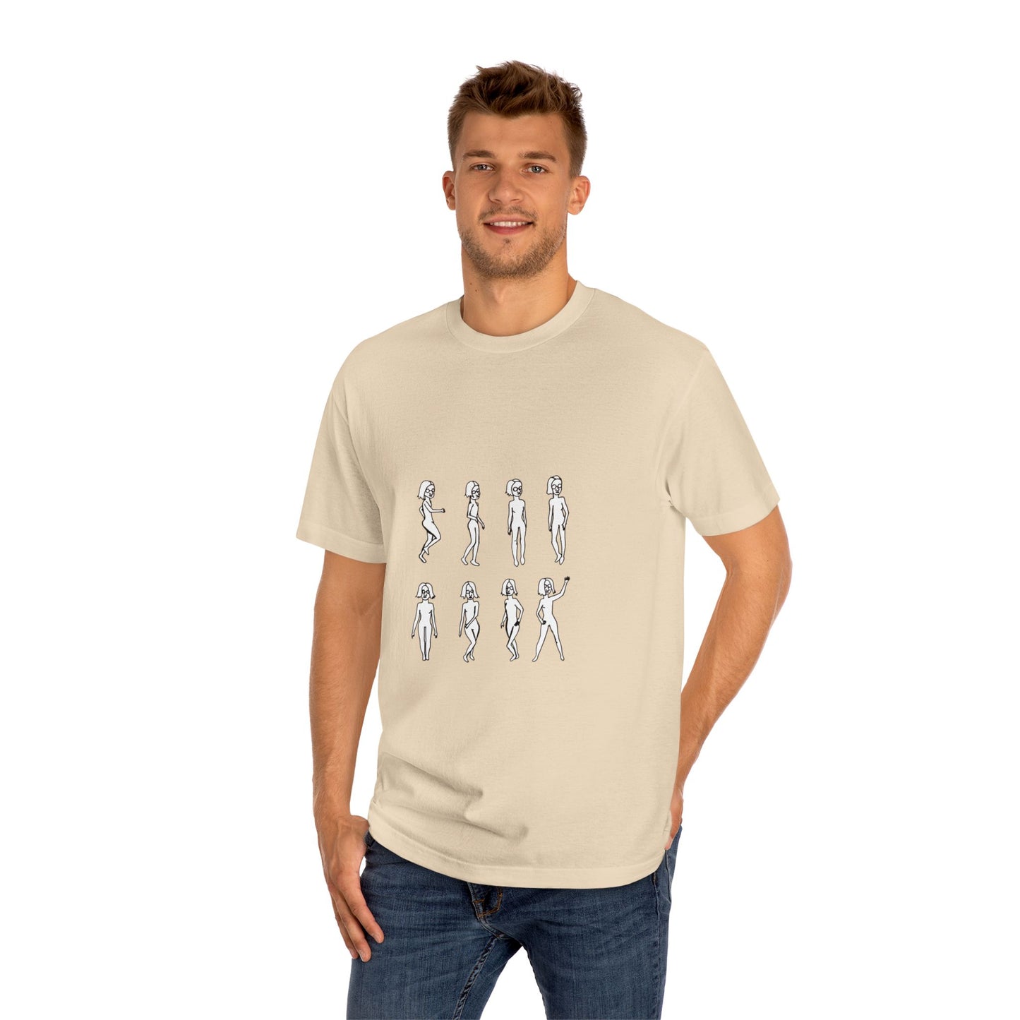 Man wearing cream Running Out Unisex T-Shirt with front sketch artwork