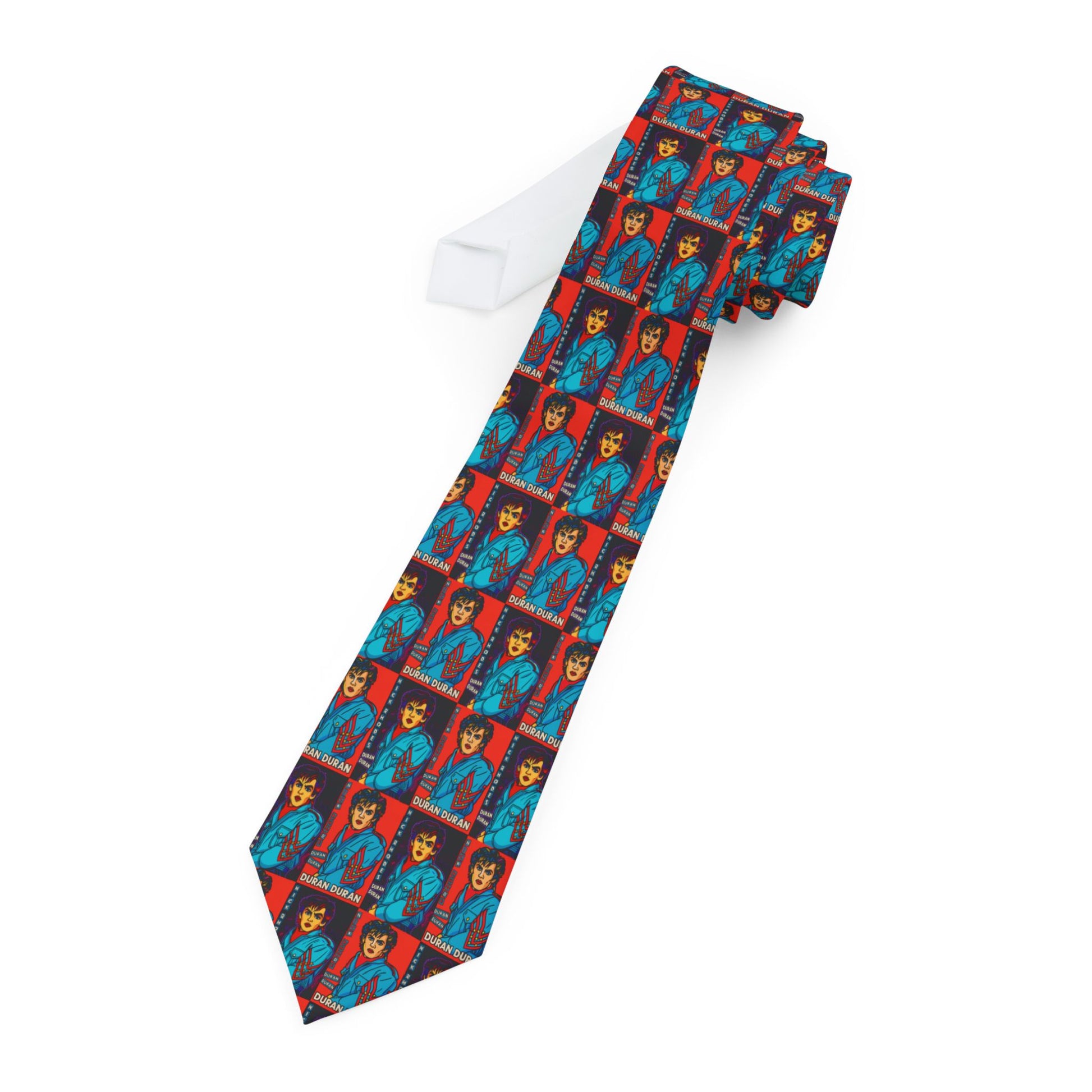 Close-up of the Nick Rhodes Unisex Necktie folded neatly to display its colorful pop-art print inspired by the Duran Duran icon.