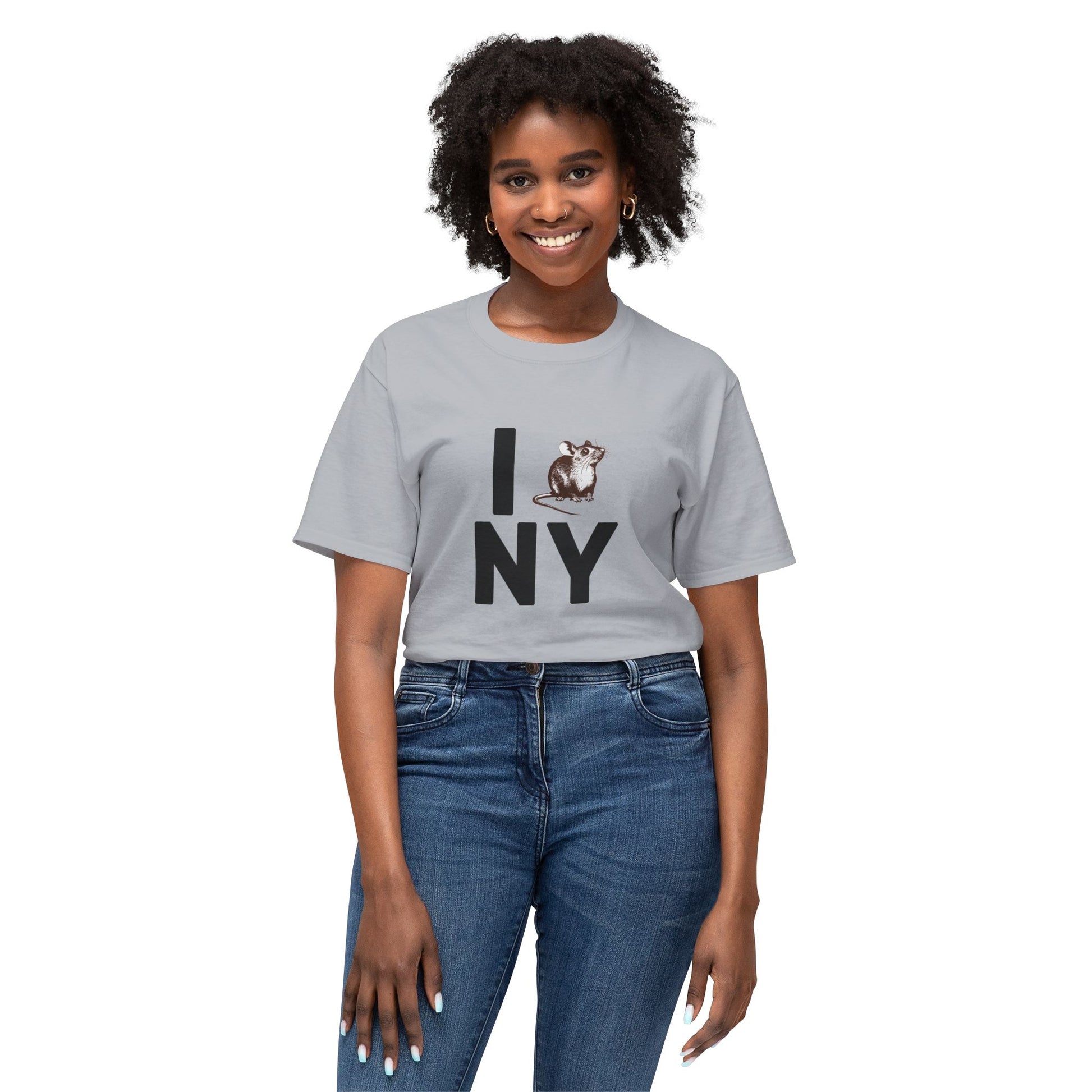 Female model wearing gray NY RAT T-Shirt with parody "I ♥ NY" rat graphic.