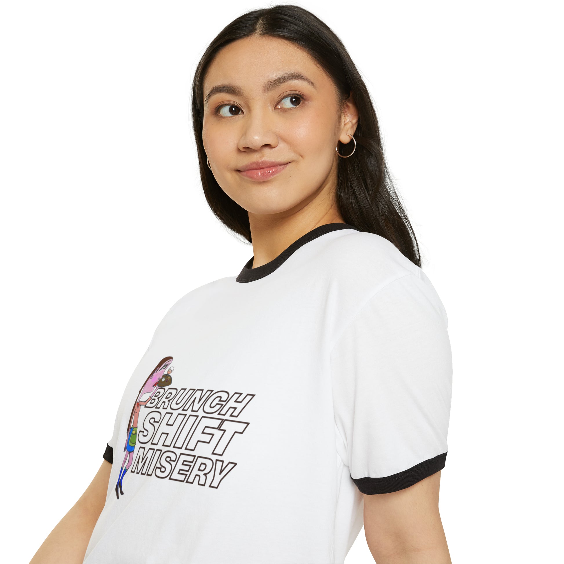 Side profile of female model wearing Brunch Shift Misery Ringer T-Shirt, turned halfway