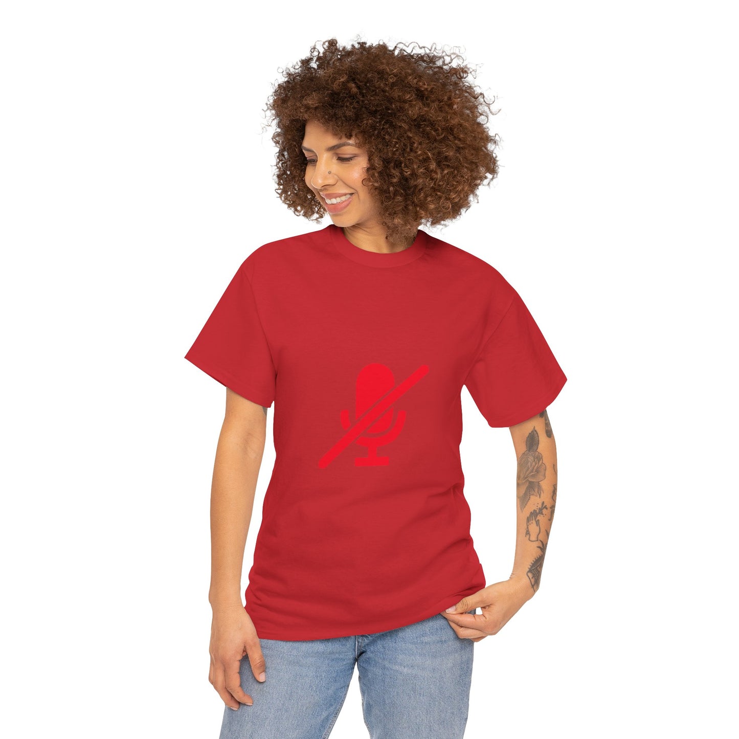 Woman wearing a red t-shirt with a graphic design on a white background