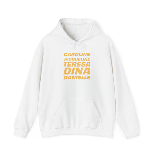 White OG NJ Housewives Hooded Sweatshirt with bold yellow text design displayed flat on a plain background.