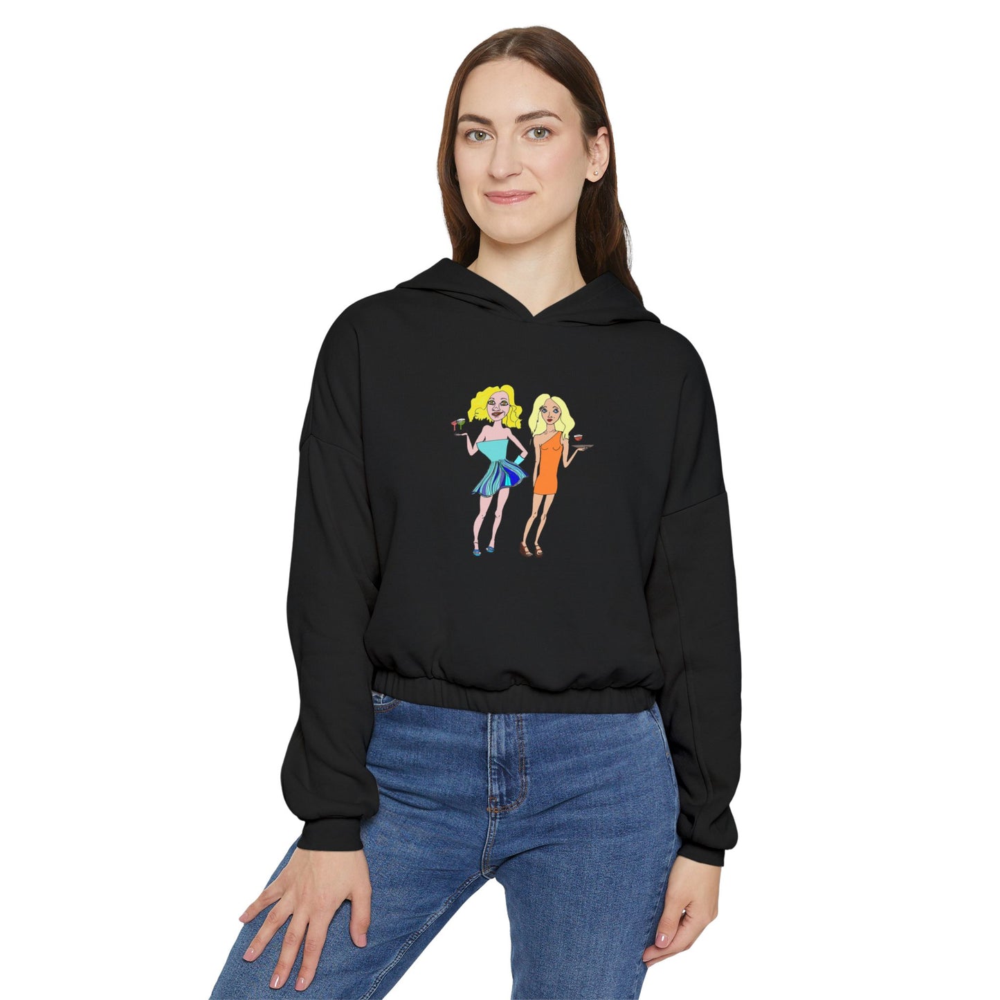 Woman modeling black waitress hoodie, facing forward.