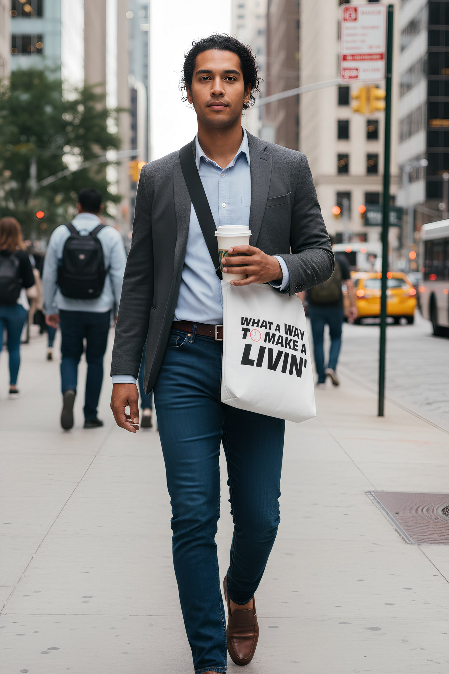 Model wearing 9 to 5 Adjustable Tote Bag on city street – lifestyle photo outdoors with tote on shoulder