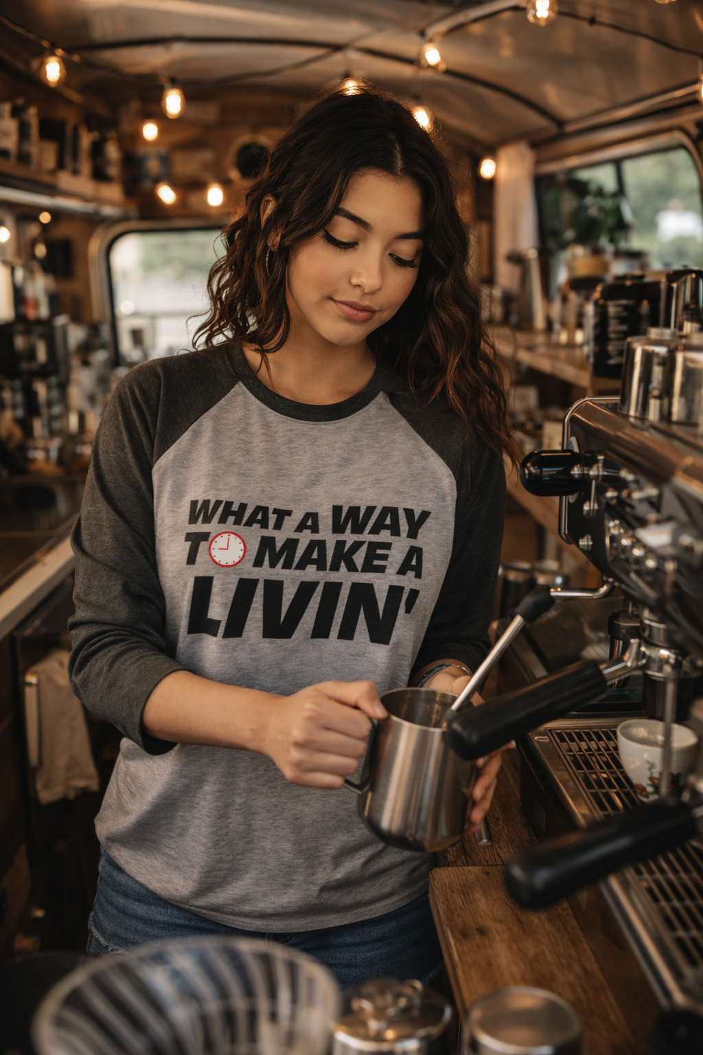 woman wearing funny office life long sleeve t shirt cafe casual outfit