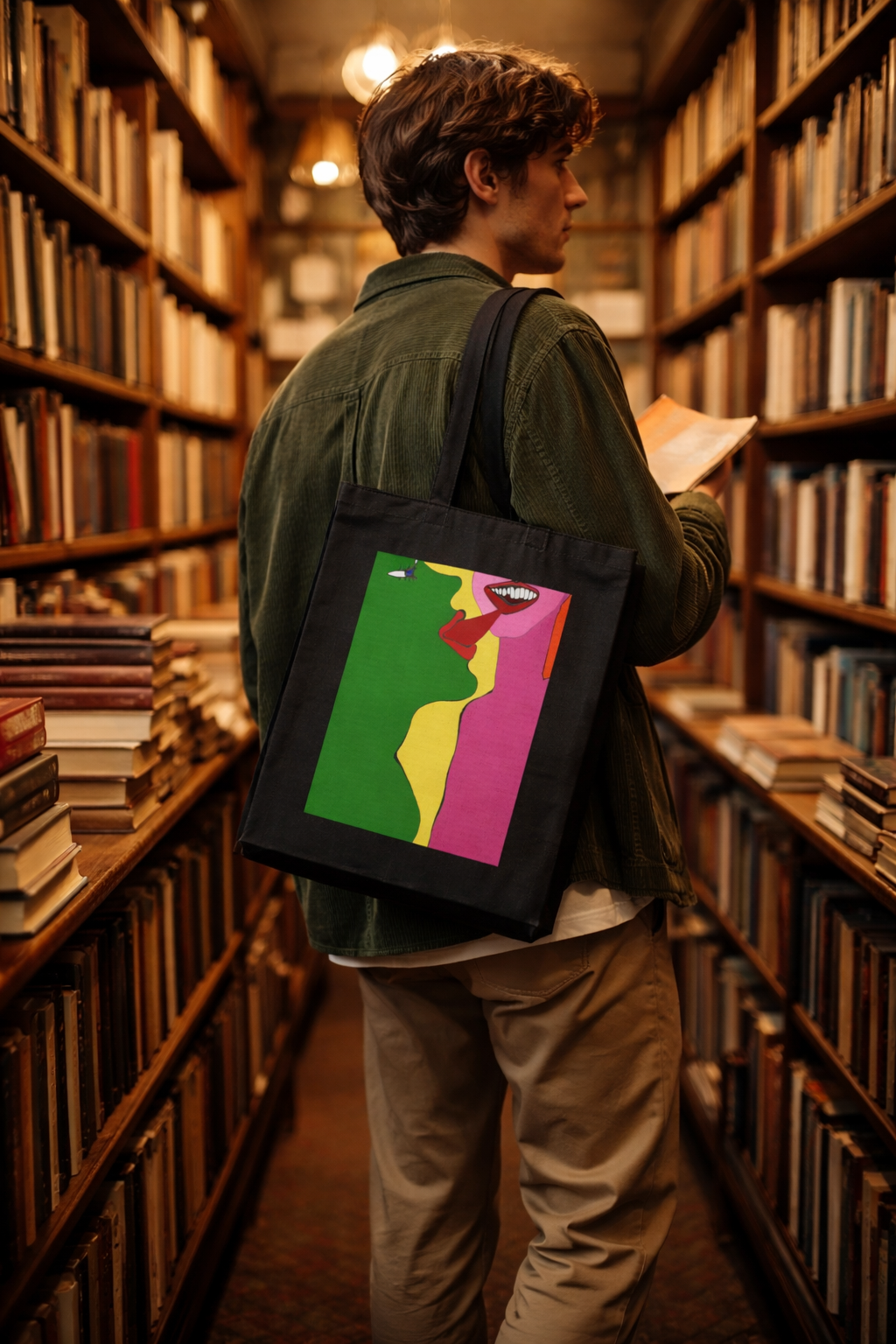 The Kiss Tote Bag person wearing artistic canvas tote walking through bookstore aisle