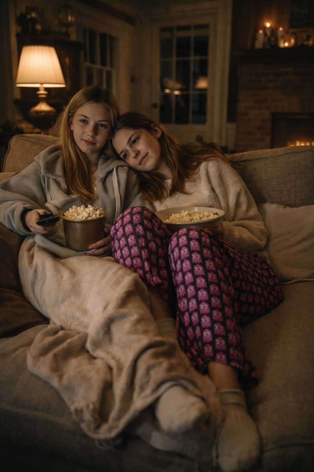 Two sisters wearing Inky Ghost Women’s Pajama Pants while relaxing on a couch