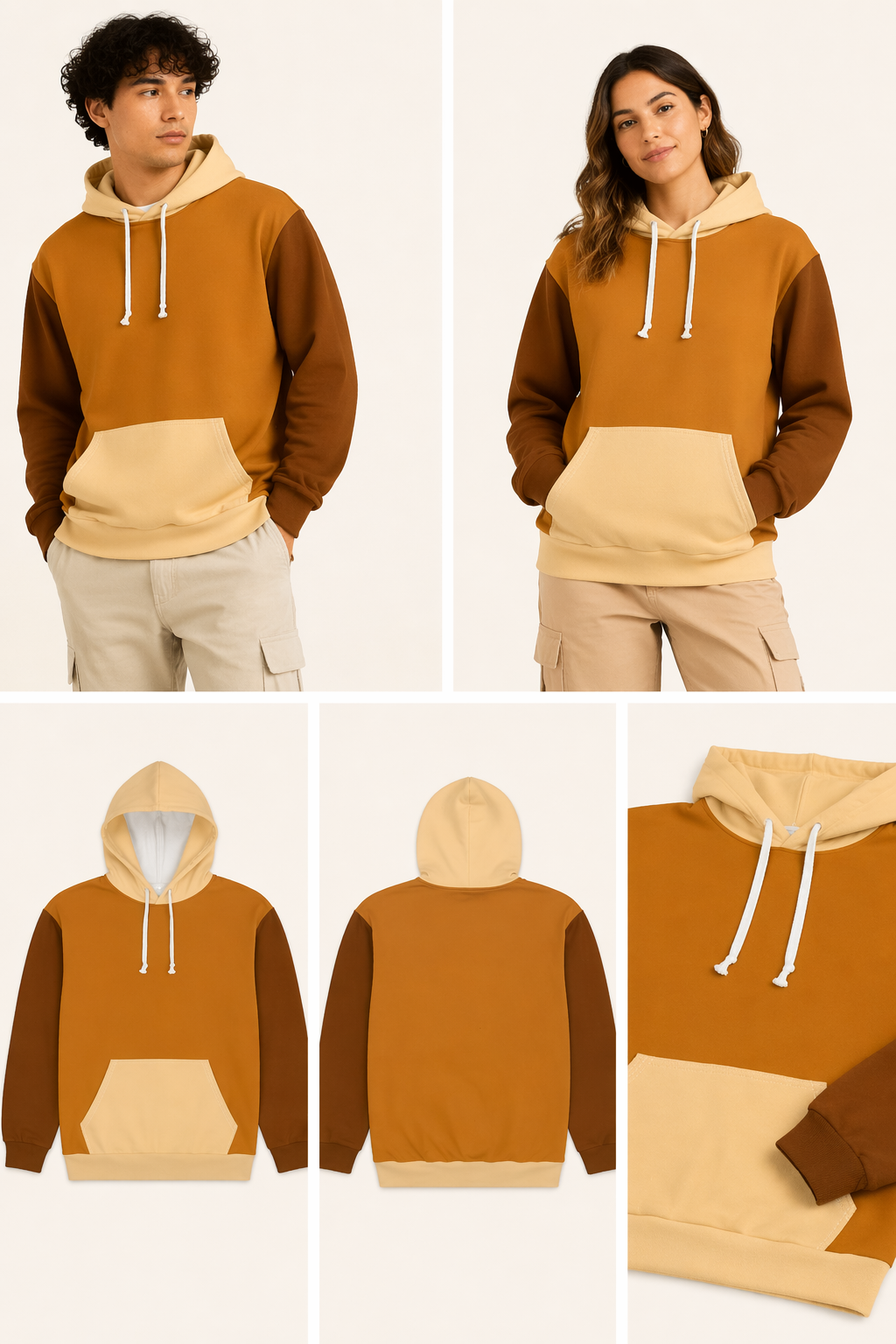 Two-tone brown and beige unisex pullover hoodie worn by male model, modern streetwear hoodie with drawstrings and front pocket, neutral casual fashion look