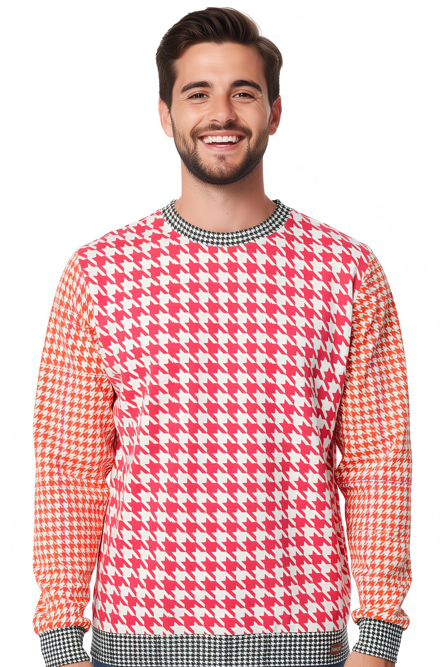 Man wearing red goose foot sweatshirt standing front view