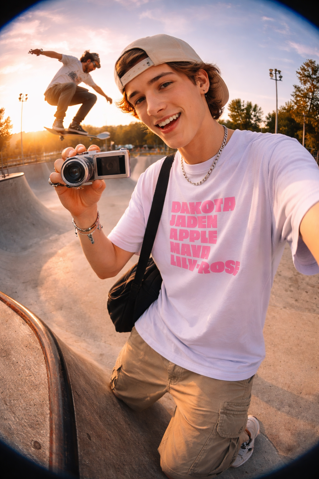 Skateboarder wearing Nepo Babies List Unisex graphic T-shirt with Dakota Jaden Apple Maya Lily-Rose celebrity names design while filming video outdoors