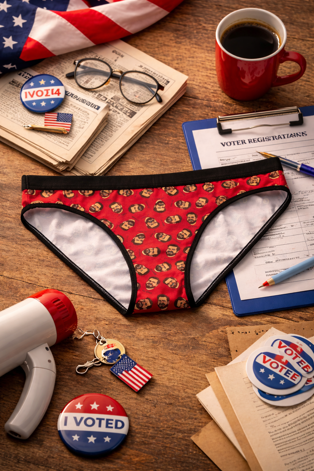 JD Vance panties with face print on table with American flag, voter items, and political props