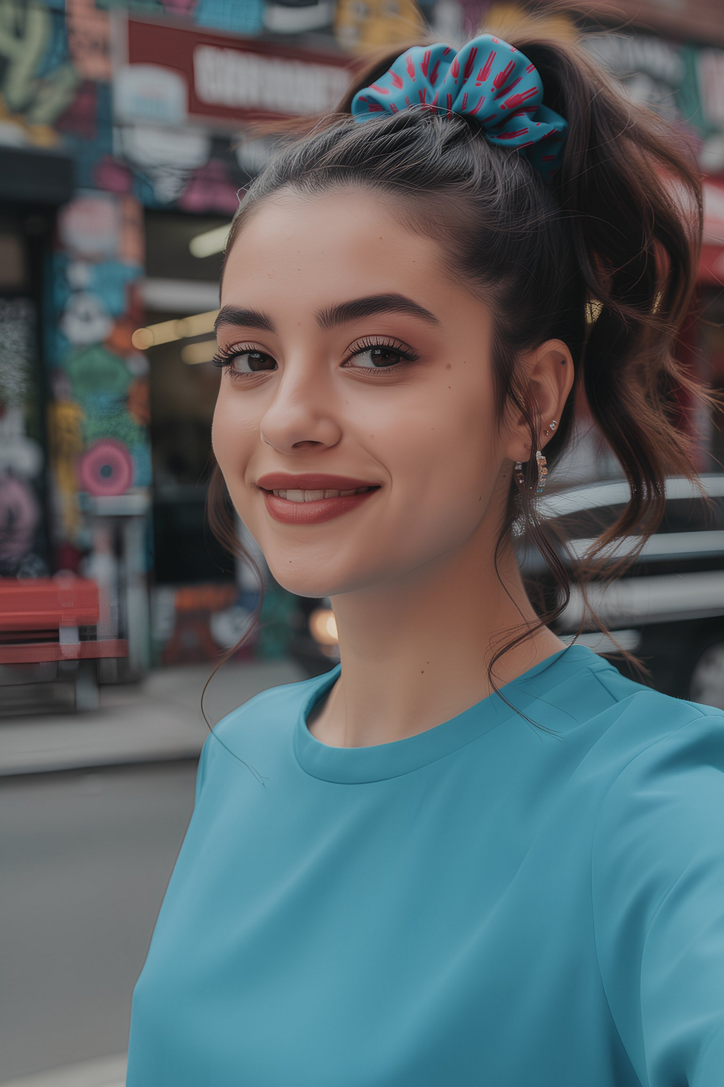 Woman wearing people pattern scrunchie with casual outfit outdoors
