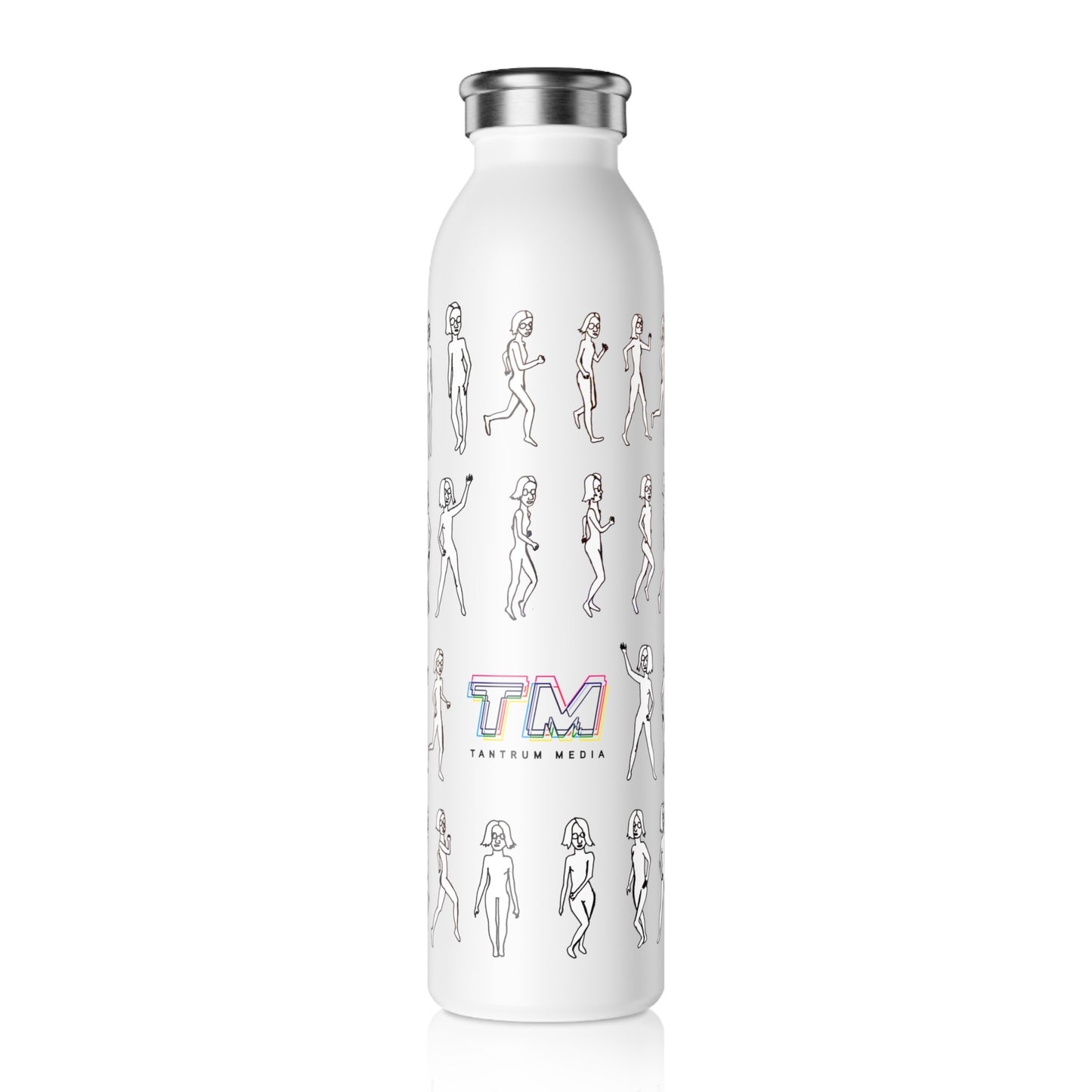Running Out Water Bottle with artsy logo design standing upright on white background