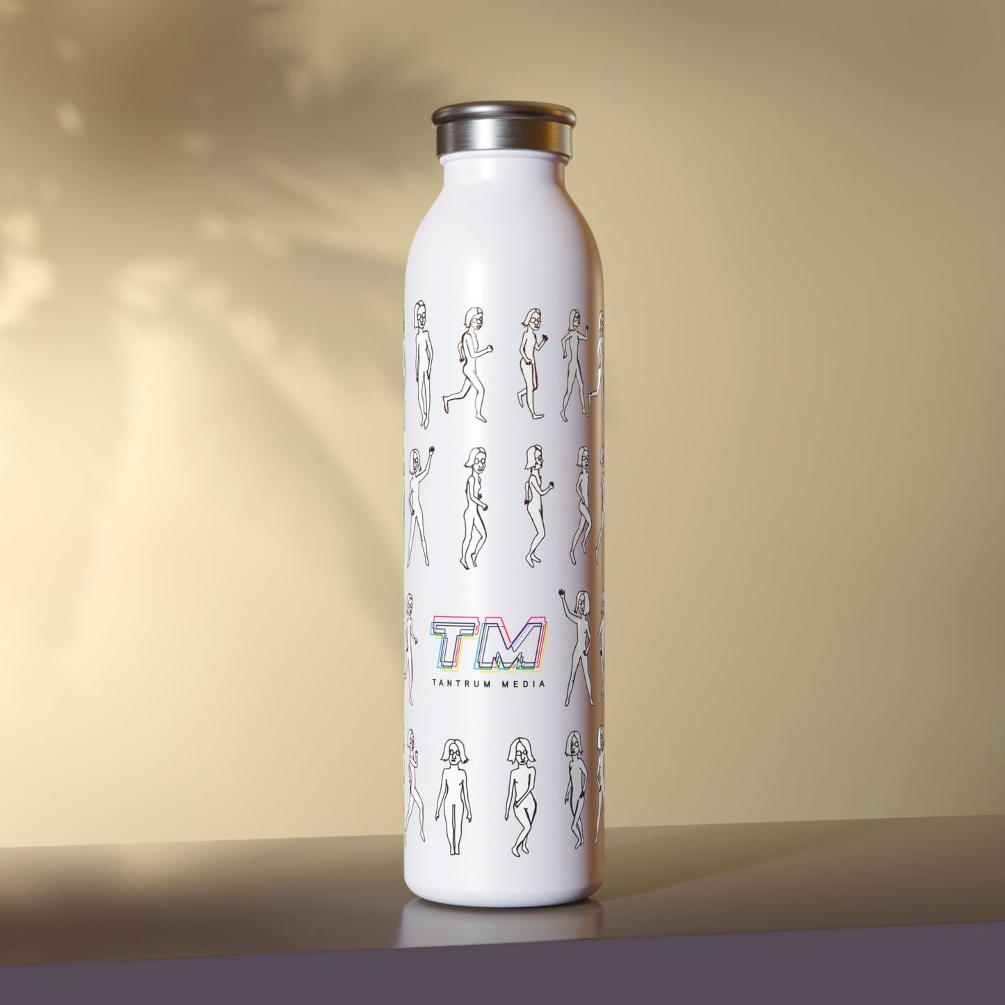 Running Out Water Bottle with artsy logo design placed against gold background with dramatic lighting