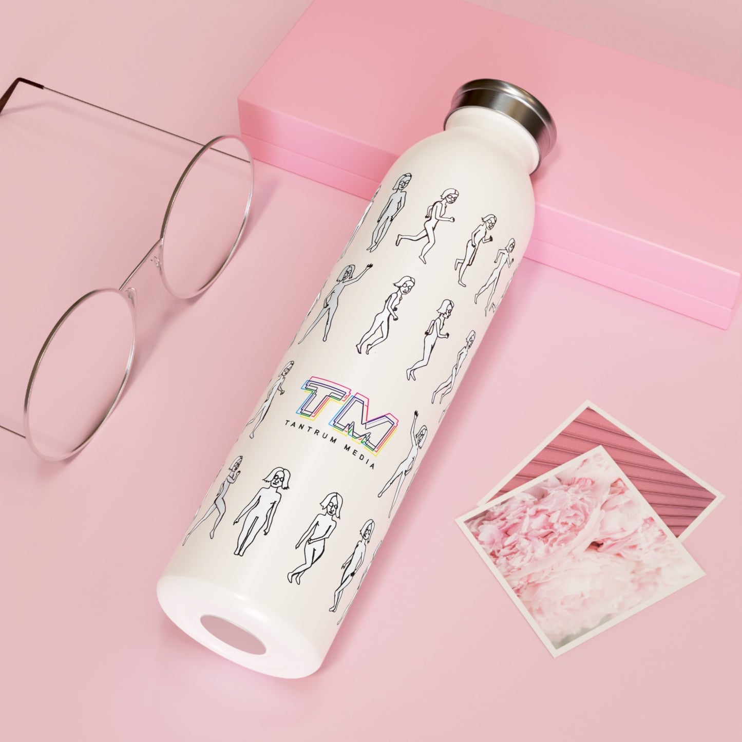 Running Out Water Bottle with artsy logo design on a pink background with glasses and notebook