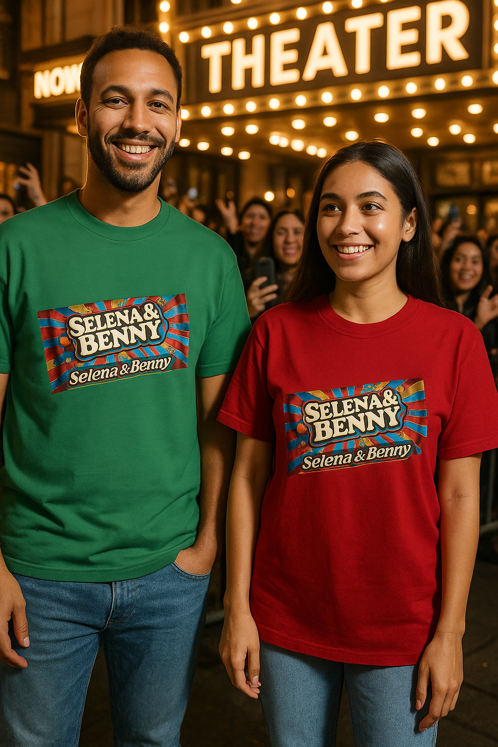 Couple wearing red and green Selena & Benny graphic t-shirts