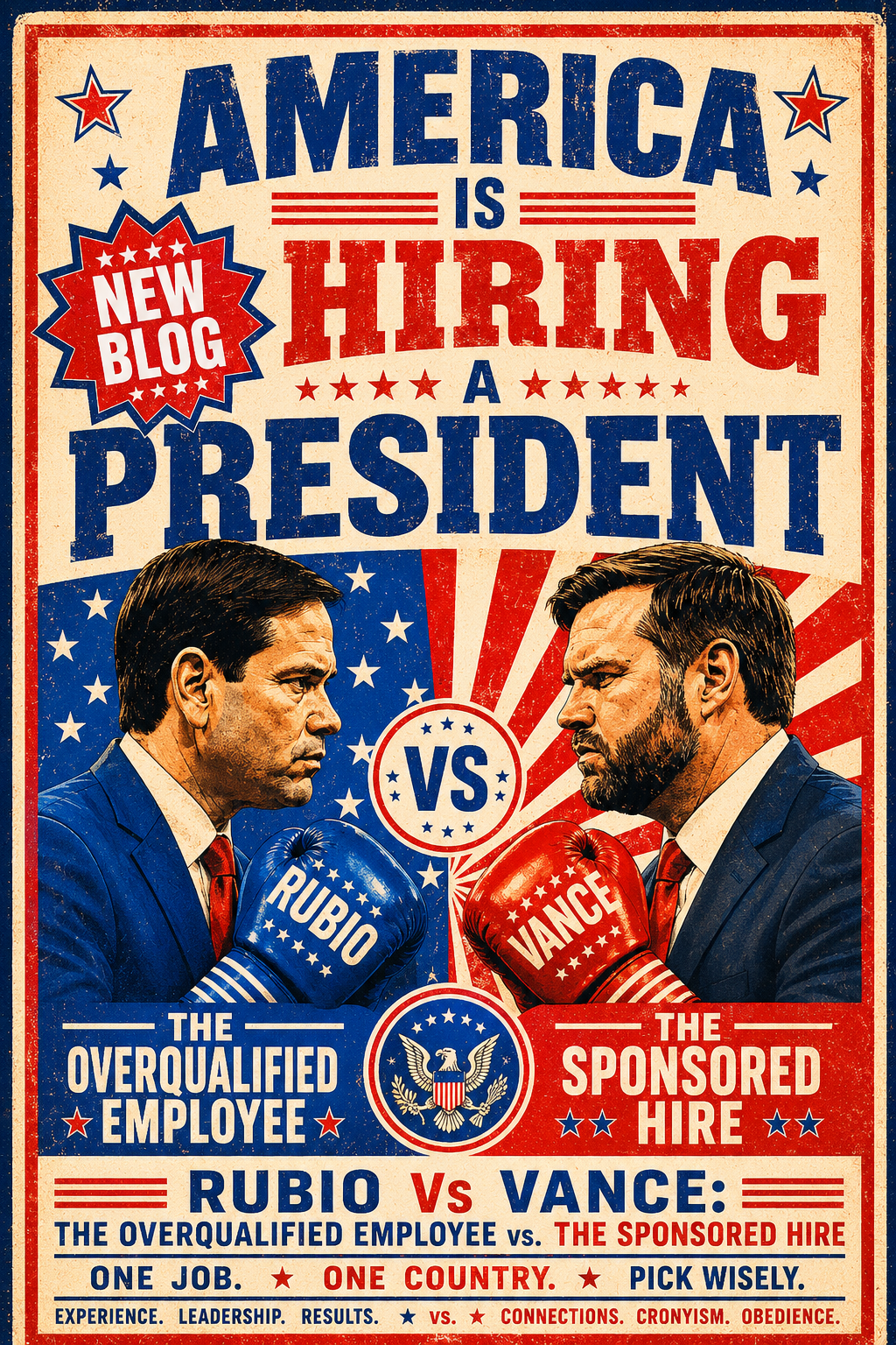 Vintage-style political poster promoting the blog “America Is Hiring a President” featuring Marco Rubio and JD Vance facing off as “The Overqualified Employee” versus “The Sponsored Hire” in a satirical election-inspired editorial design.