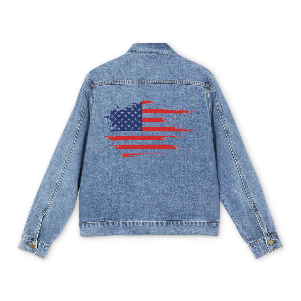 American flag men’s denim jacket back view with distressed red white and blue flag graphic