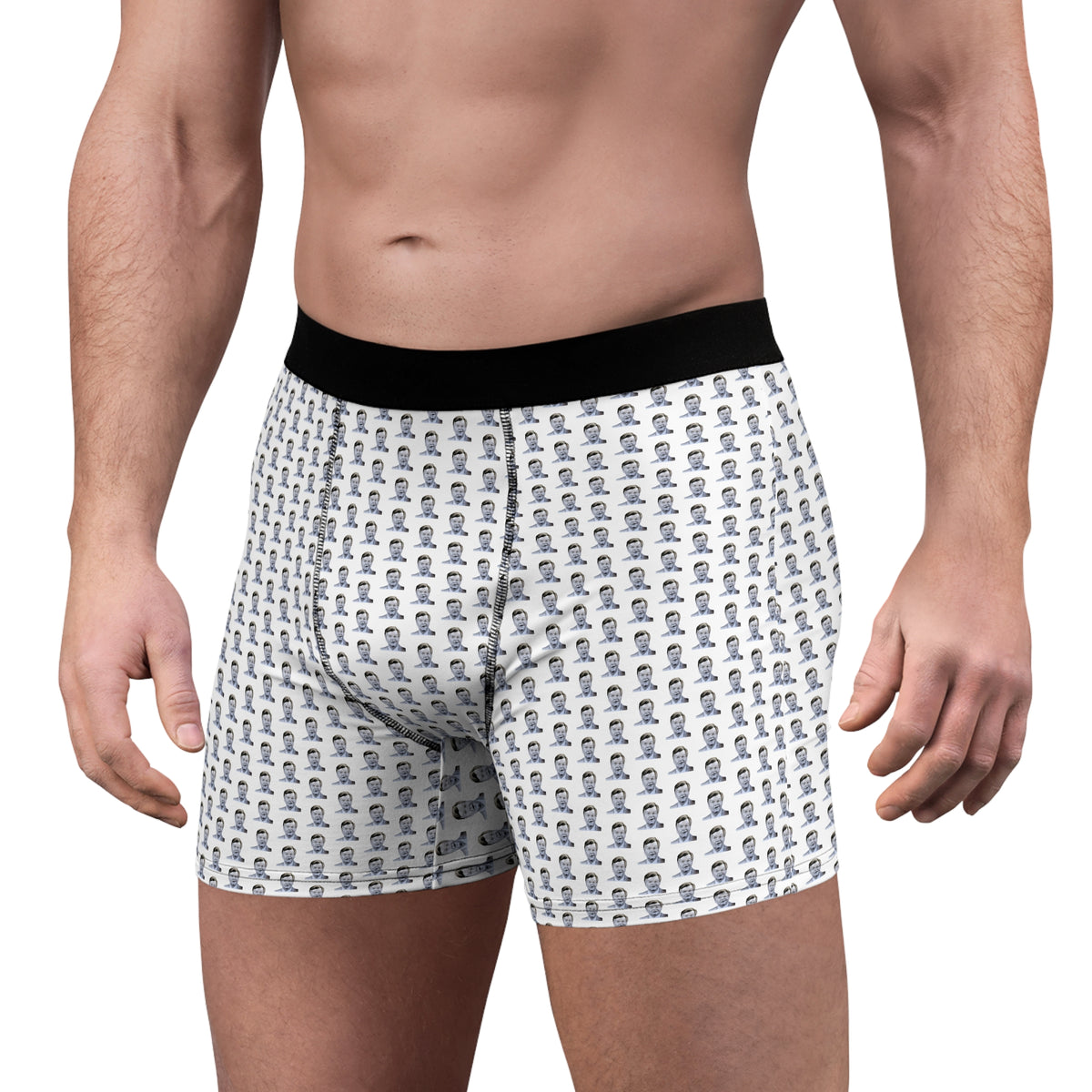 Male model wearing Benny Hill graphic boxer briefs with black waistband, side view
