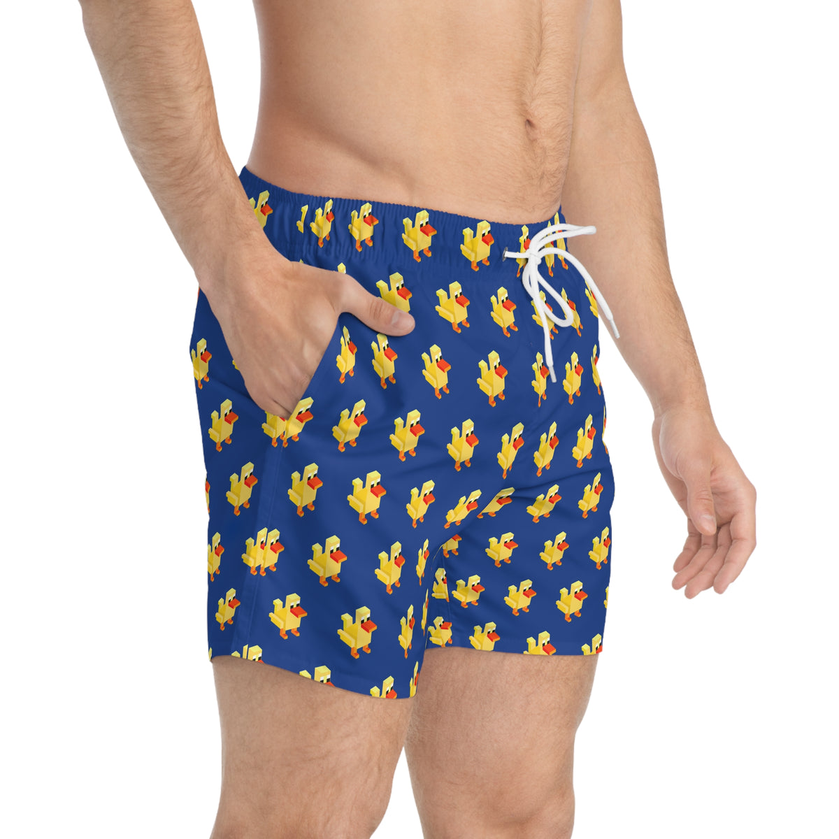 Men's blue duck print swim trunks angled front view showing pocket and drawstring