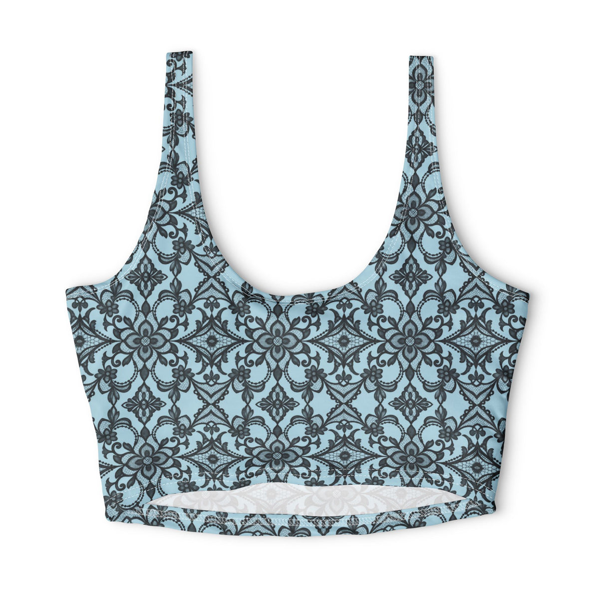 Back view of blue floral lace print sports bra featuring black floral detailing, wide shoulder straps, U-shaped back and lower cutout.