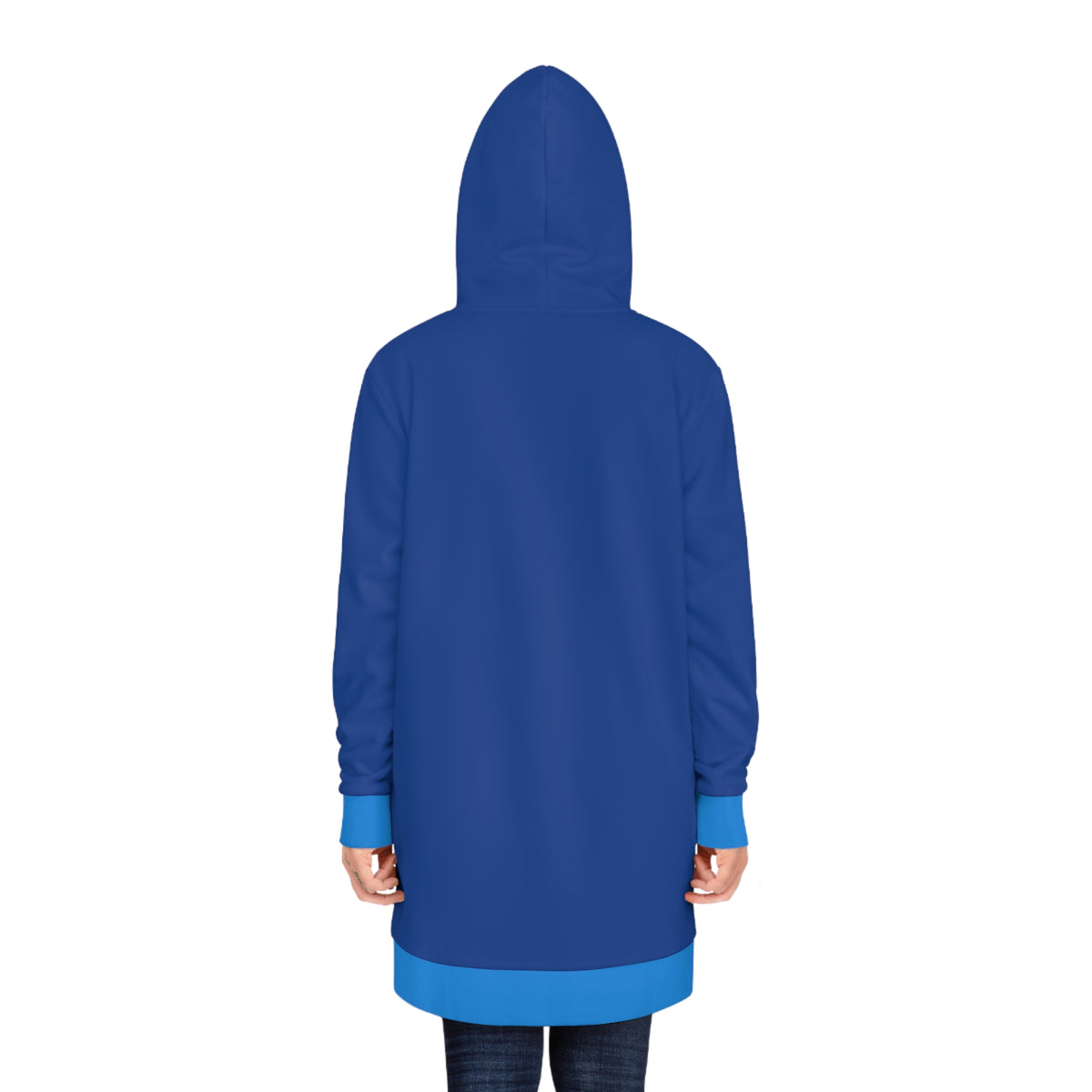Woman wearing blue hooded sweatshirt dress back view