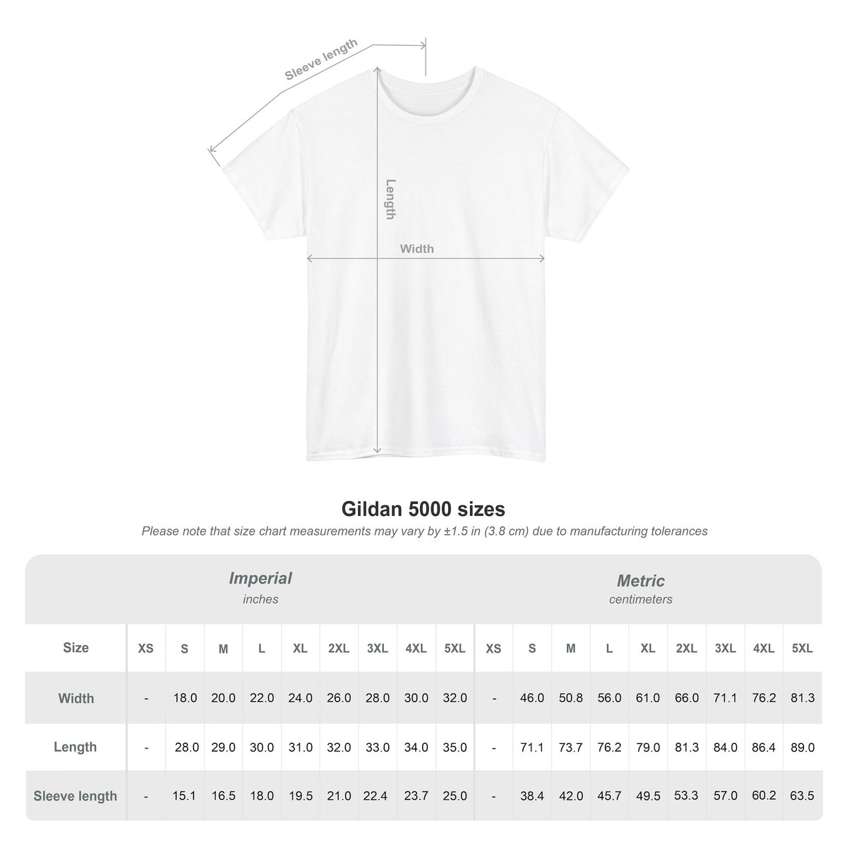 Brooklyn unisex T-shirt size chart with garment measurements in inches and centimeters.