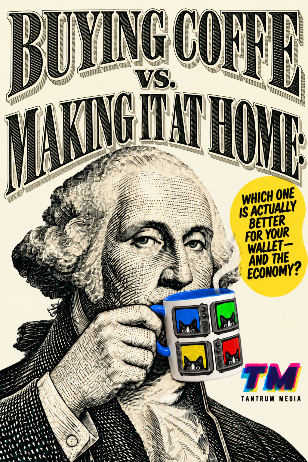 George Washington in a dollar-bill style illustration drinking from a colorful cat TV mug, with the headline “Buying Coffee vs. Making It at Home” and Tantrum Media logo.