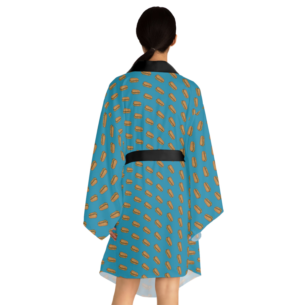Back view of Chopped Cheese NYC Bodega Kimono Robe with black waist belt
