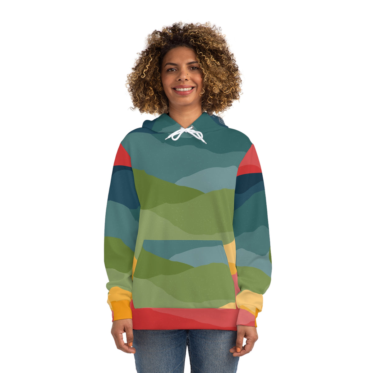 Woman wearing the Colored Layers colorful landscape unisex hoodie with all-over mountain-inspired artwork