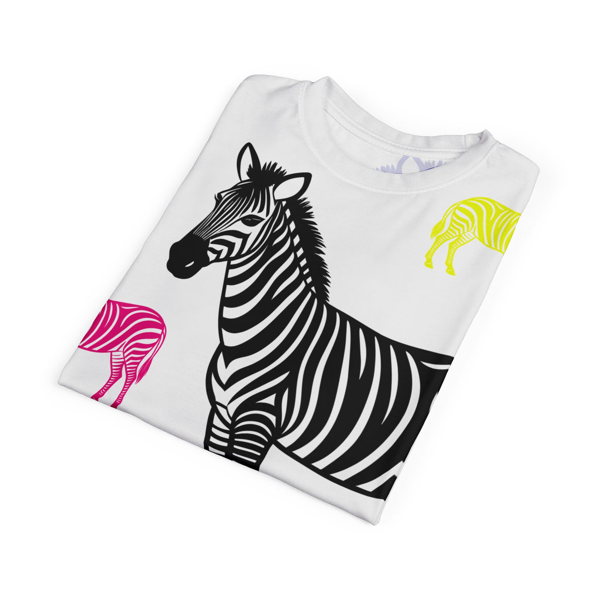 Folded Colored Zebras Unisex T-Shirt showing front zebra print in black and pink with yellow accent