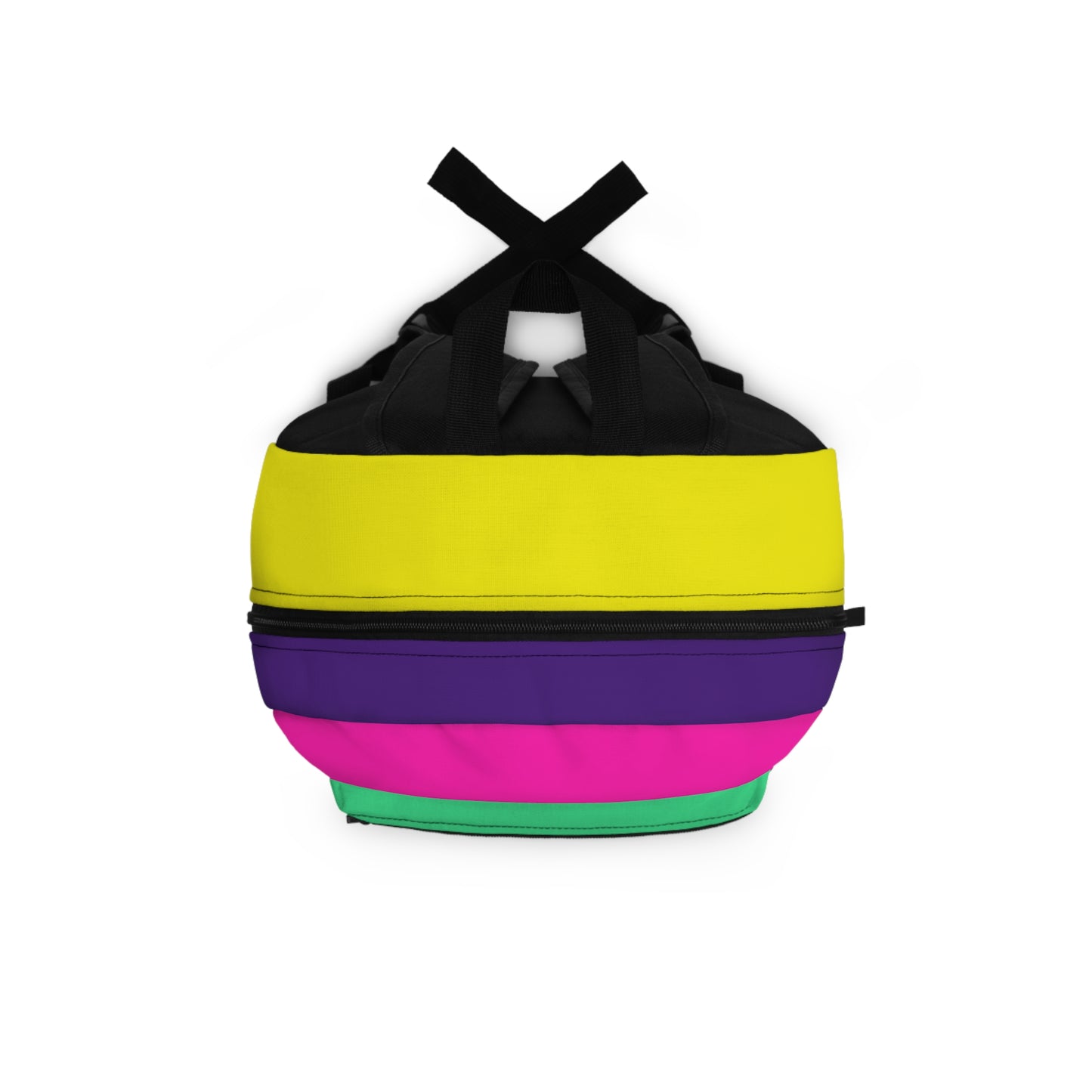 Colorful college backpack top view showing zipper and handle details