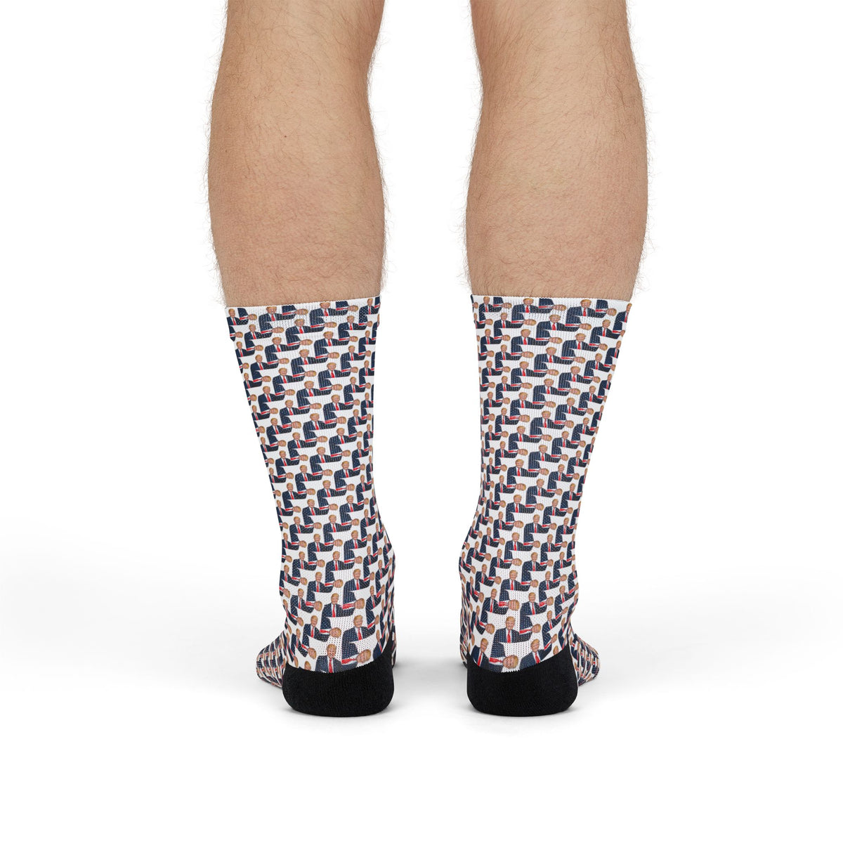 Donald Trump Crew Socks flat lay showing repeating pattern with black heel and toe detail, back view