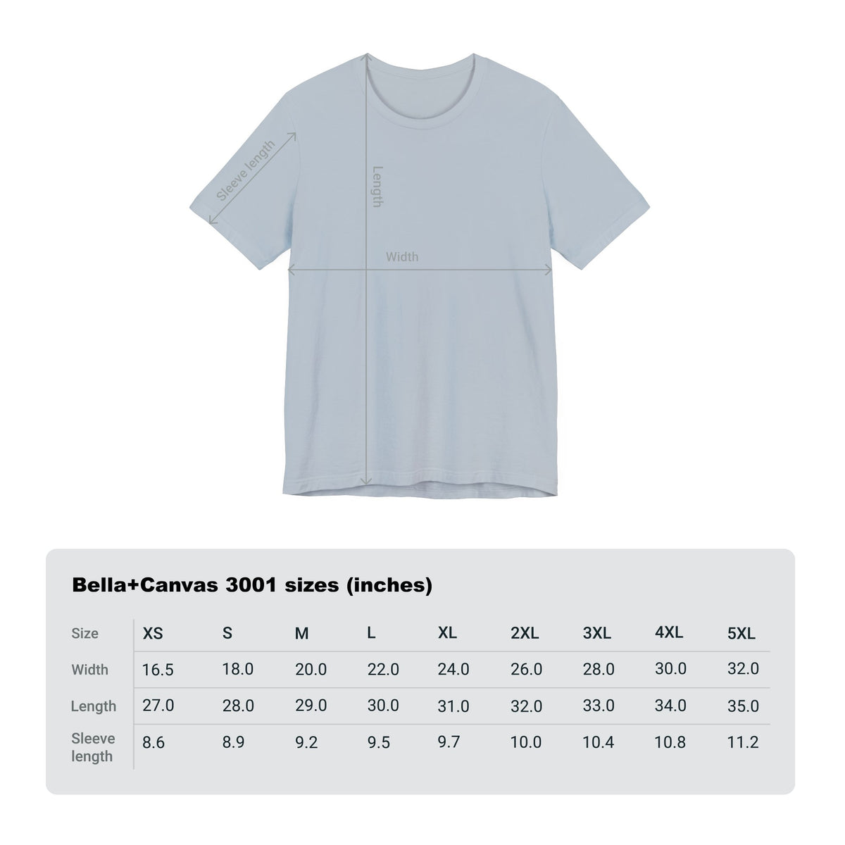Bella+Canvas 3001 T-shirt size chart showing width, length, and sleeve measurements in inches.