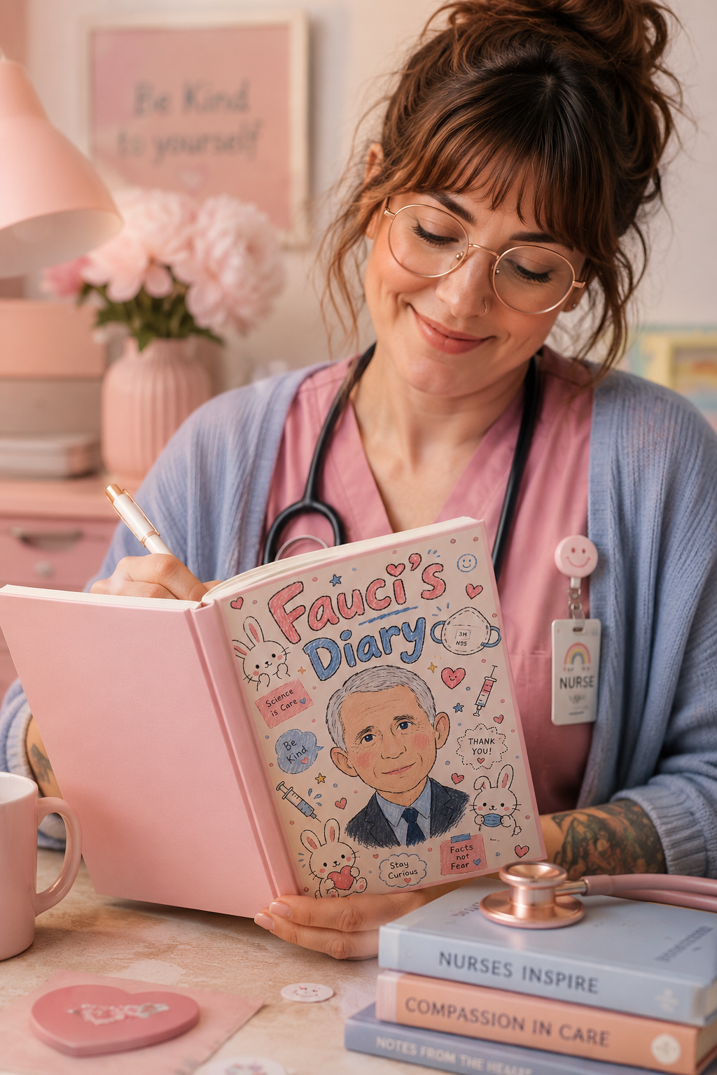 Woman holding Fauci’s Diary matte hardcover journal at a colorful desk