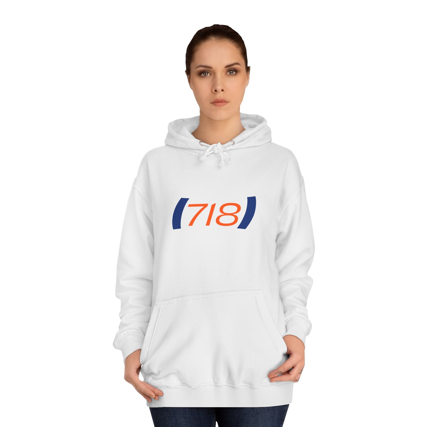 Female model wearing white (718) Hoodie with bold orange and blue design front view