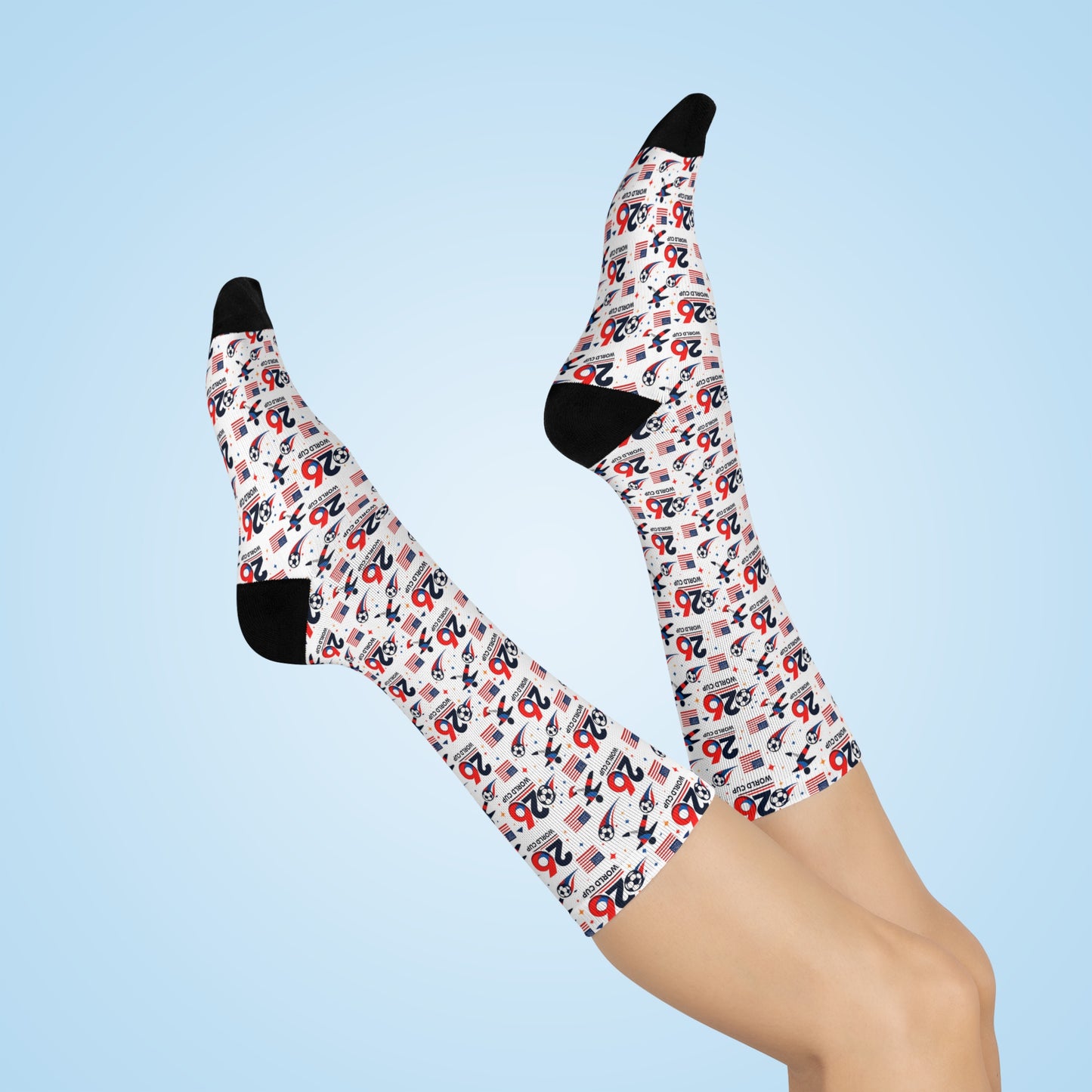 Unisex Soccer World Cup 2026 crew socks worn on legs against blue background lifestyle photo