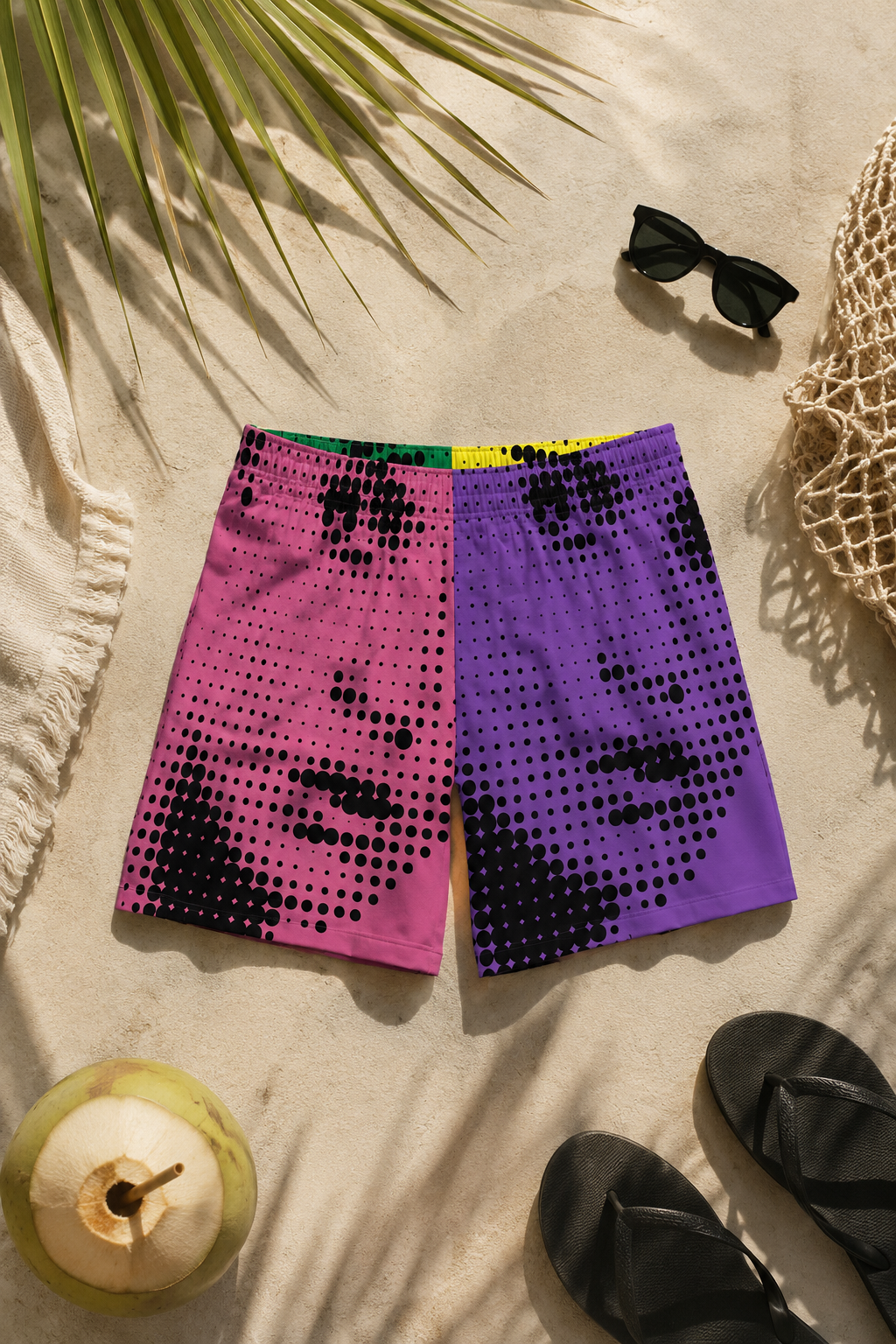 Colorful halftone face men’s beach shorts styled in a tropical summer flat lay with flip flops, sunglasses, palm shadows, and beach accessories. Front view