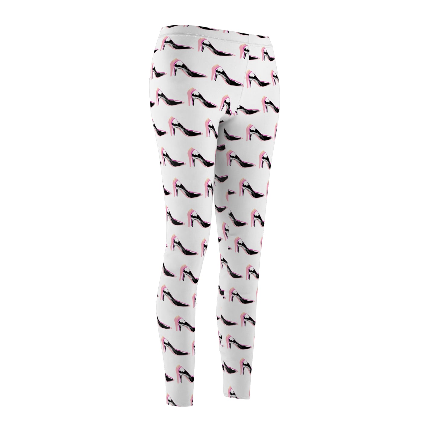 Rear view of fashion-inspired high heel print leggings for women